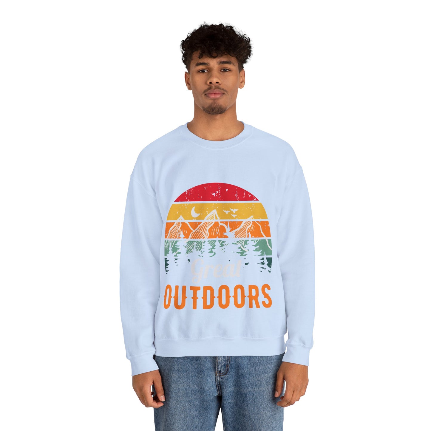 Great Outdoors Crewneck Sweatshirt — Vintage Sunset Camping Hoodie Alternative