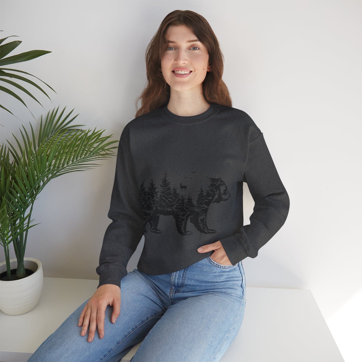 Bear Forest Crewneck Sweatshirt – Woodland Double Exposure Graphic