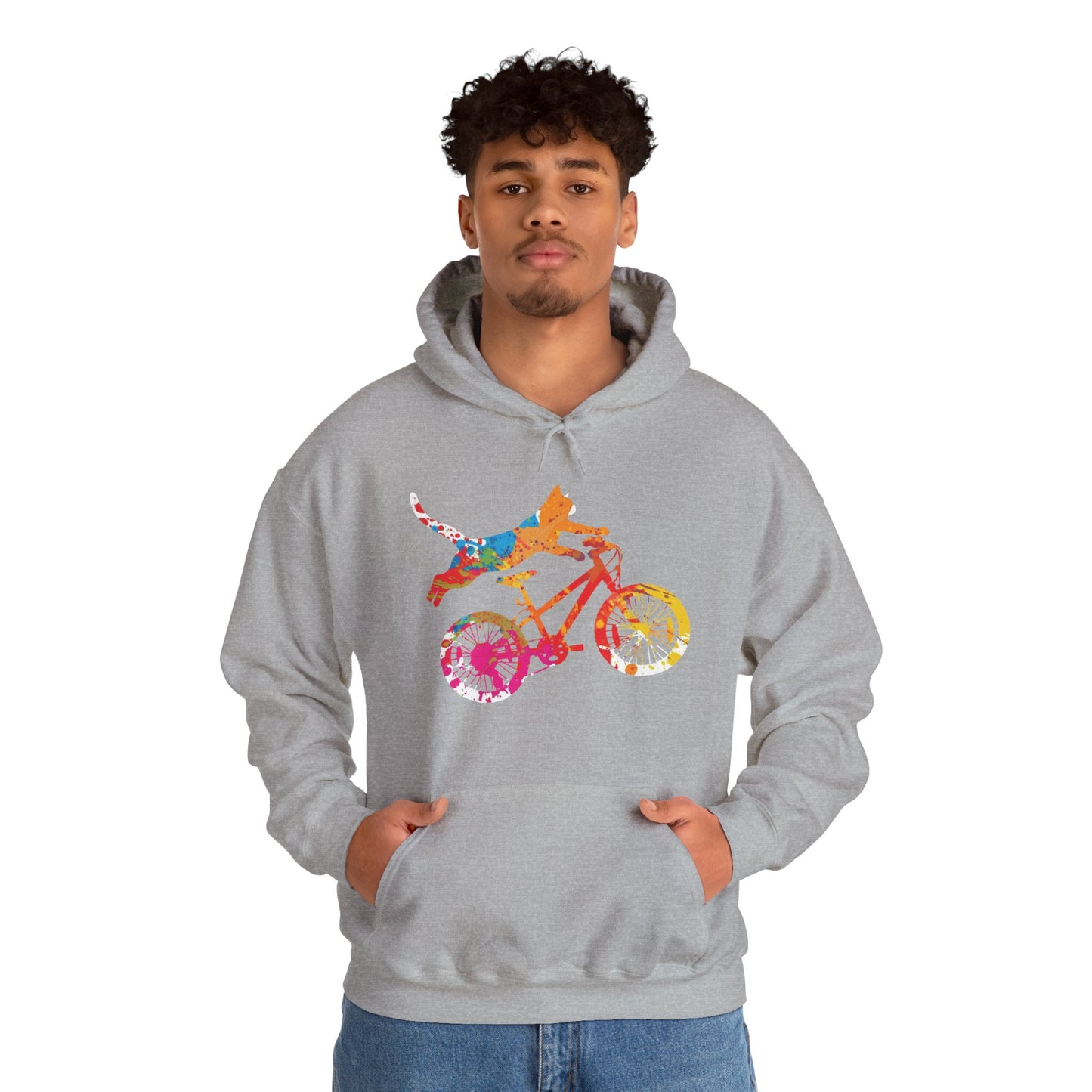 Cat on Bike Colorful Graphic Hoodie — Playful Bicycle Cat Art Sweatshirt