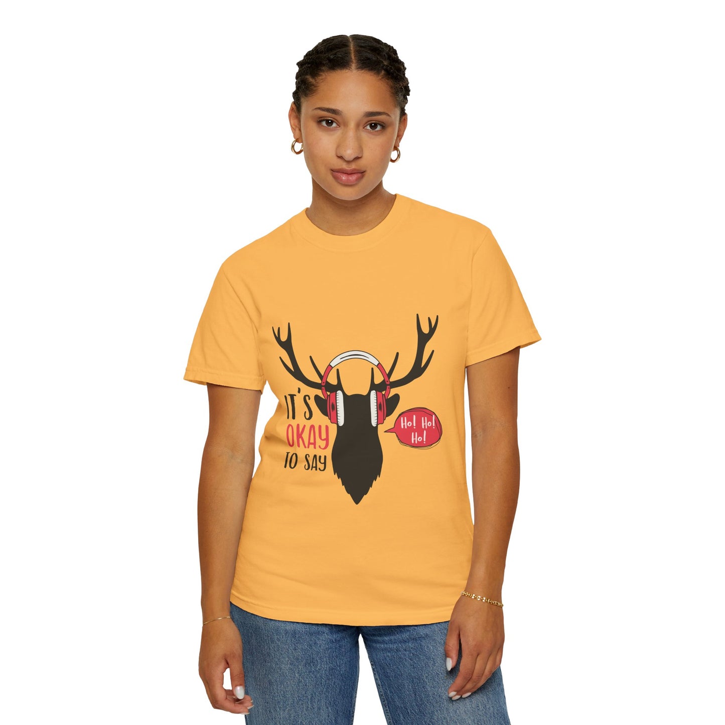 Reindeer Headphones Christmas T-Shirt – "It’s Okay to Say Ho! Ho! Ho!" Holiday Tee