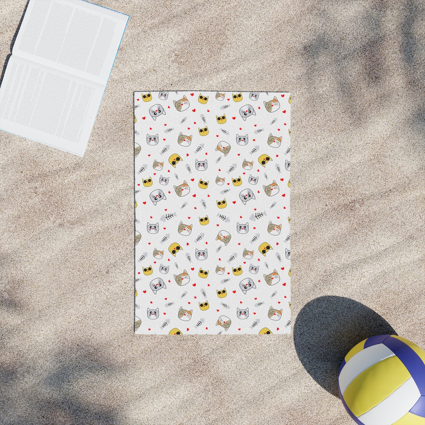 Cute Kawaii Cat Pattern Beach Towel – Playful Emoji Cat Faces, Summer Pool & Beach Towel