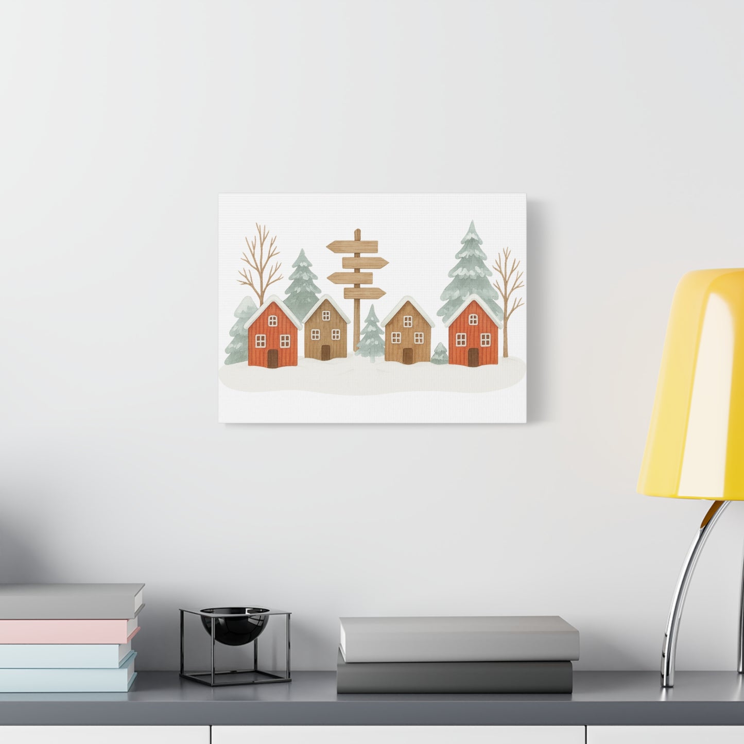 Winter Village Canvas Wall Art - Cozy Rustic Cabin Scene