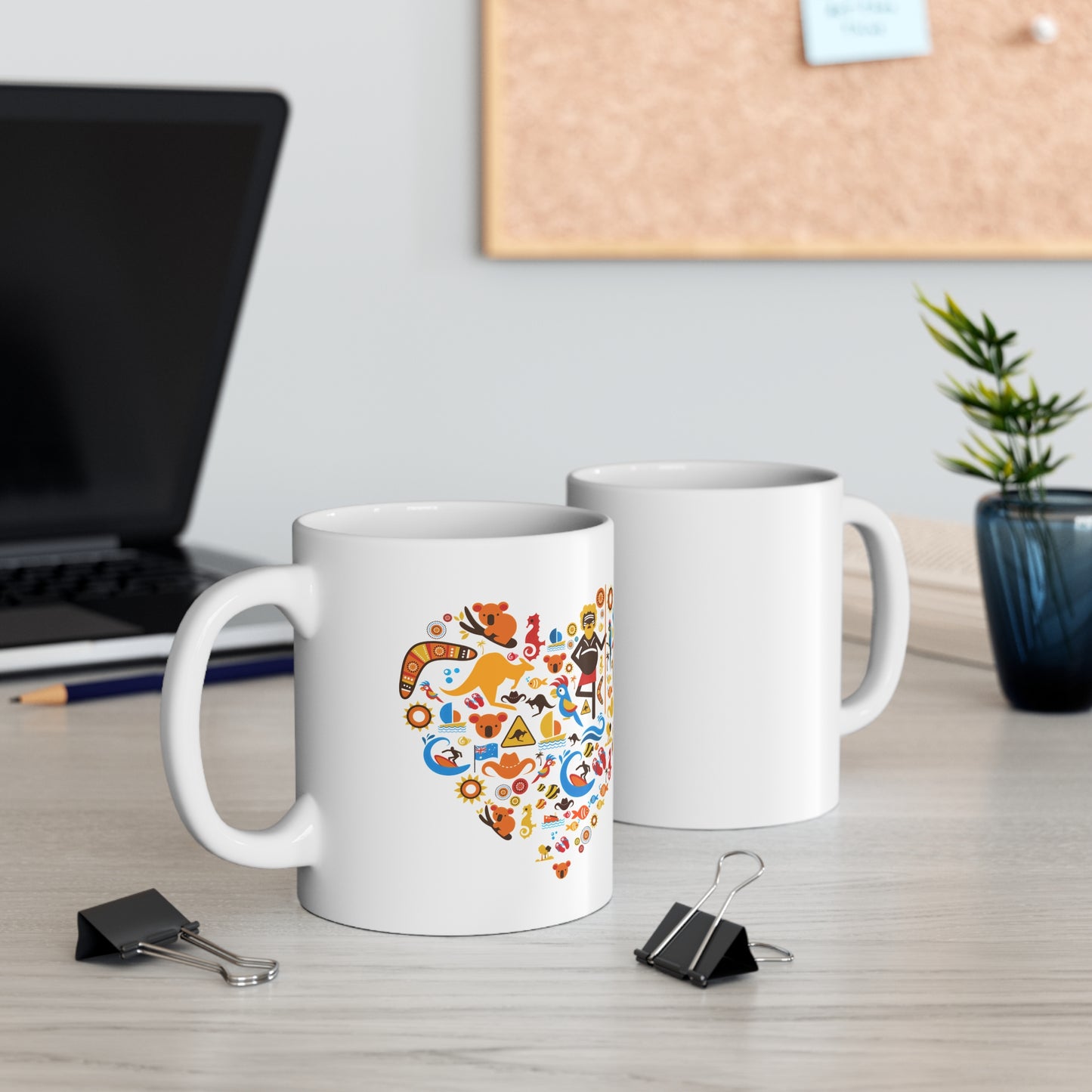 Heart-Shaped Australian Icons Coffee Mug — Cute Aussie Wildlife & Culture Design (11oz)
