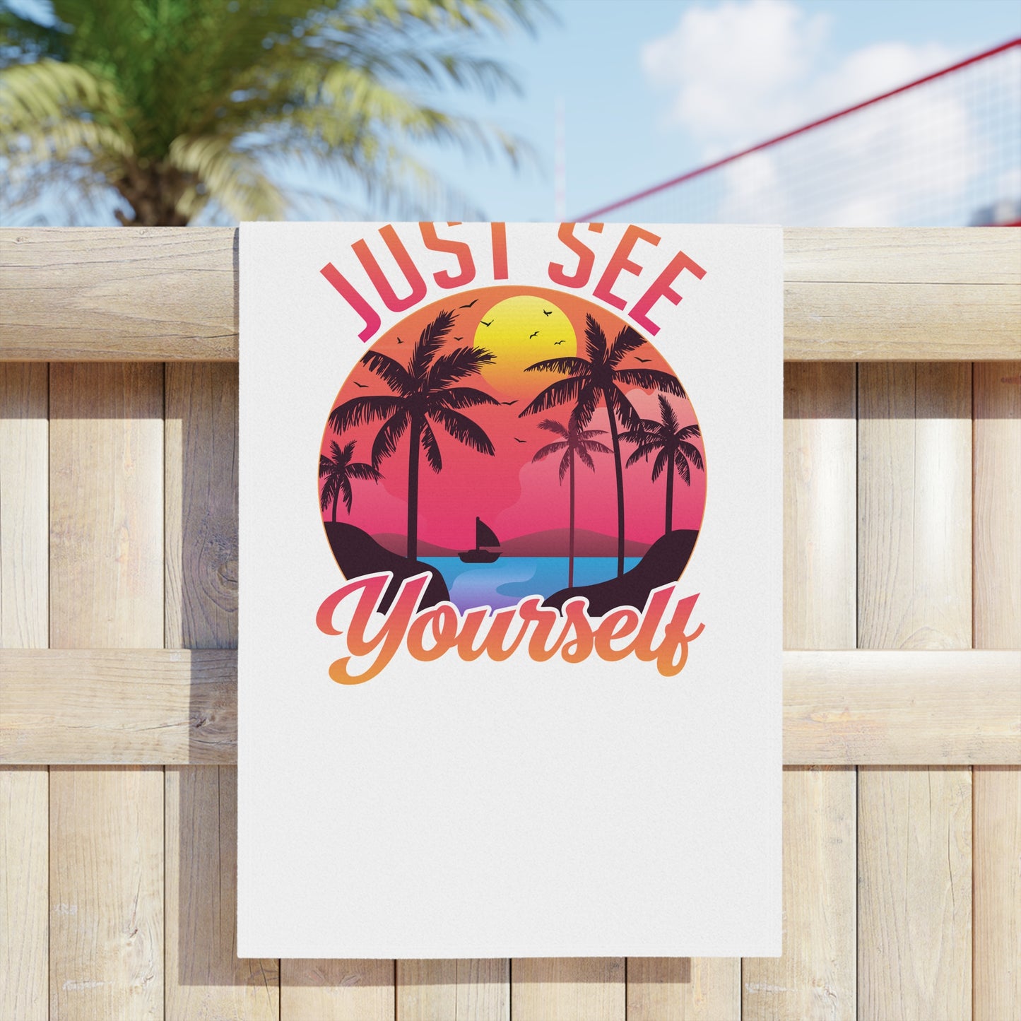Beach Towel - "Just See Yourself" Tropical Sunset Palm Print