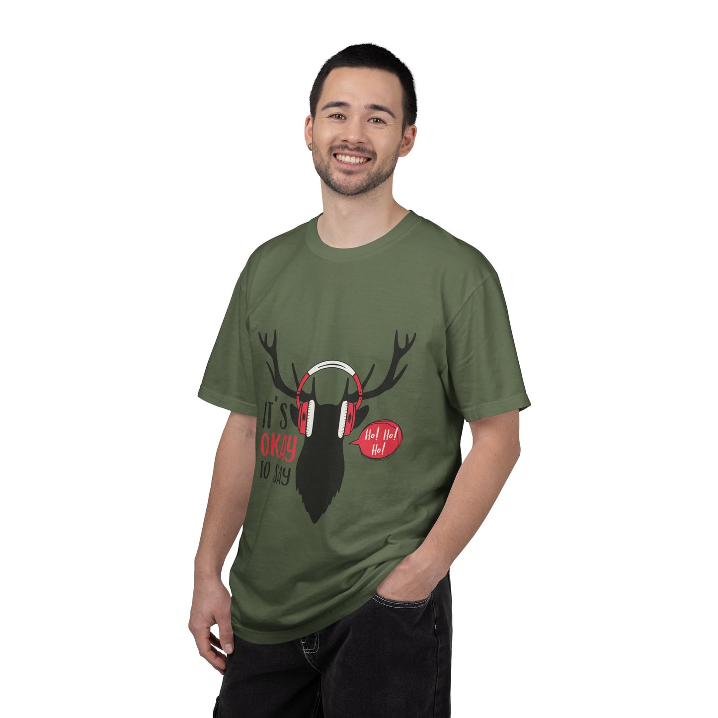 Reindeer Headphones Christmas T-Shirt – "It’s Okay to Say Ho! Ho! Ho!" Holiday Tee