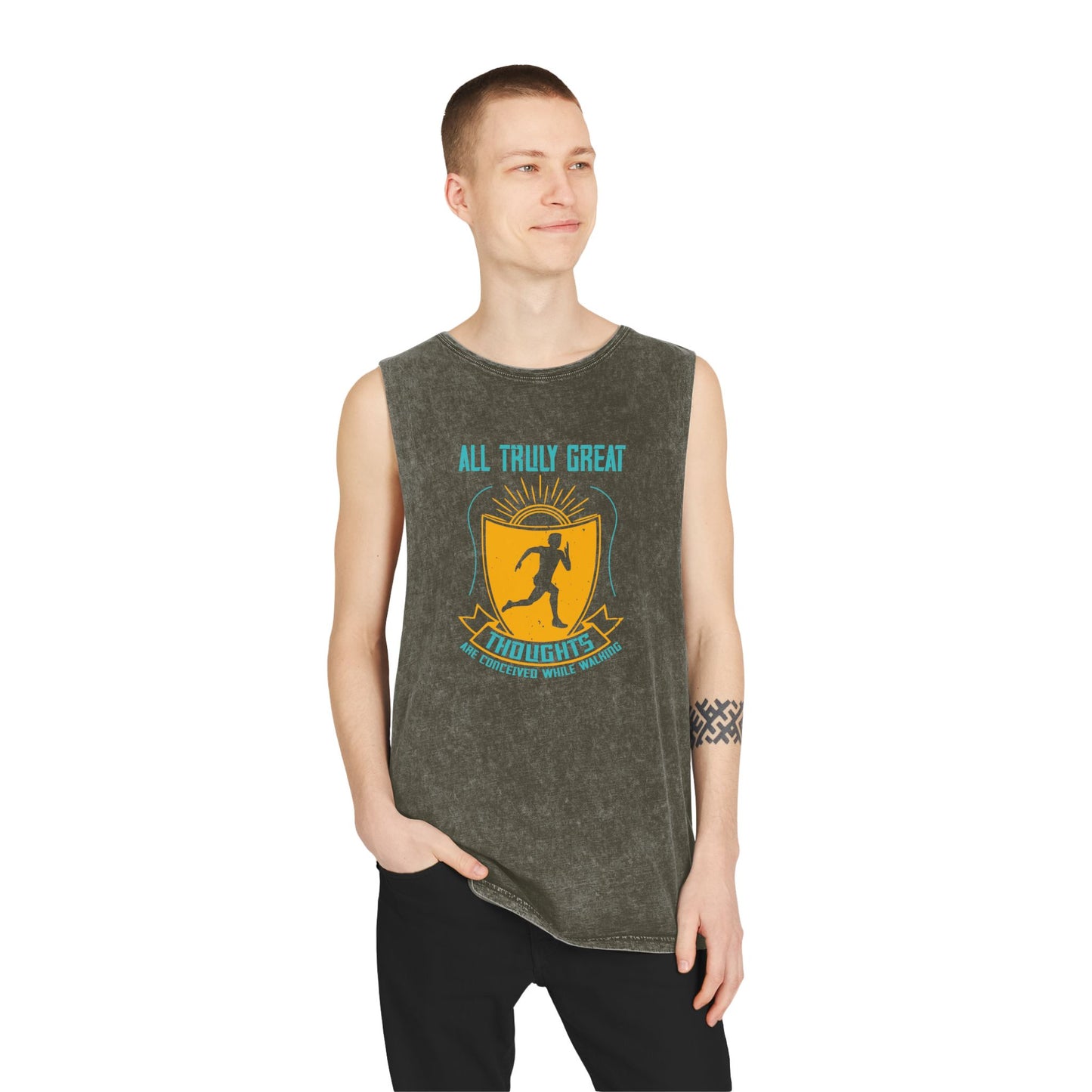 Gym Tank Top — “Heavy Weights and Protein Shakes” Stonewash Sleeveless Top