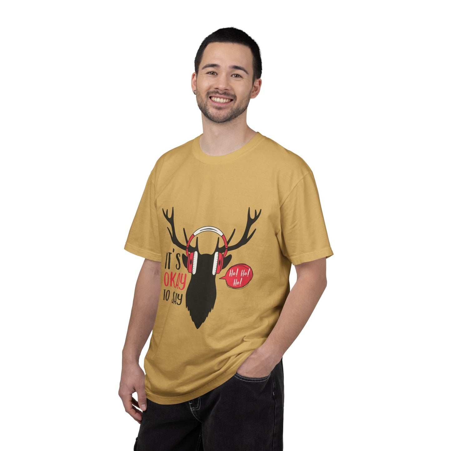 Reindeer Headphones Christmas T-Shirt – "It’s Okay to Say Ho! Ho! Ho!" Holiday Tee