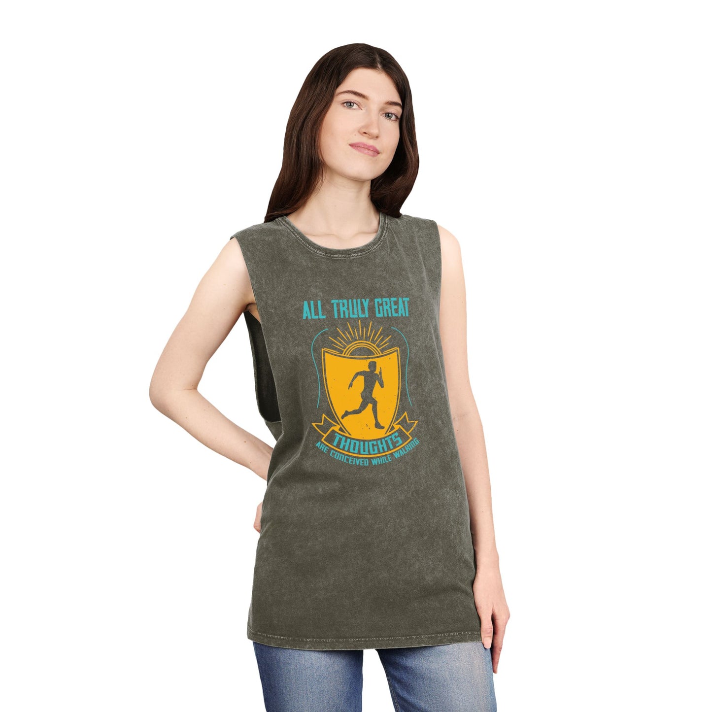 Gym Tank Top — “Heavy Weights and Protein Shakes” Stonewash Sleeveless Top
