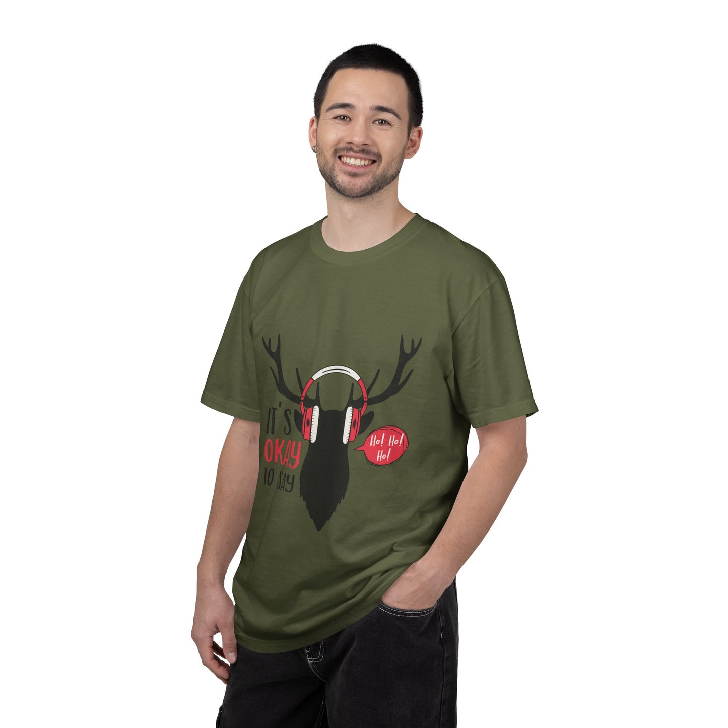 Reindeer Headphones Christmas T-Shirt – "It’s Okay to Say Ho! Ho! Ho!" Holiday Tee