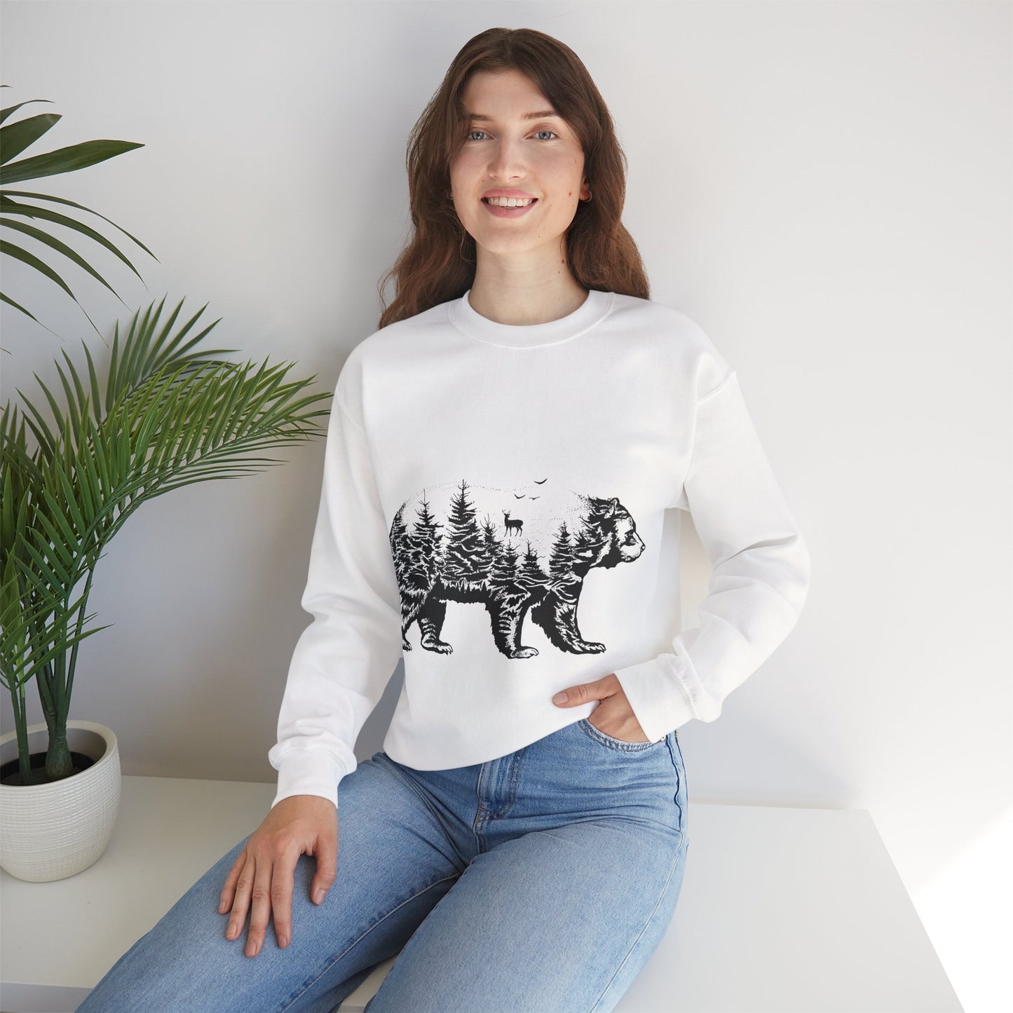 Bear Forest Crewneck Sweatshirt – Woodland Double Exposure Graphic