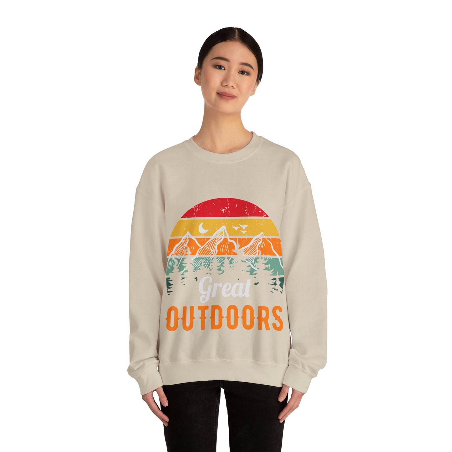 Great Outdoors Crewneck Sweatshirt — Vintage Sunset Camping Hoodie Alternative
