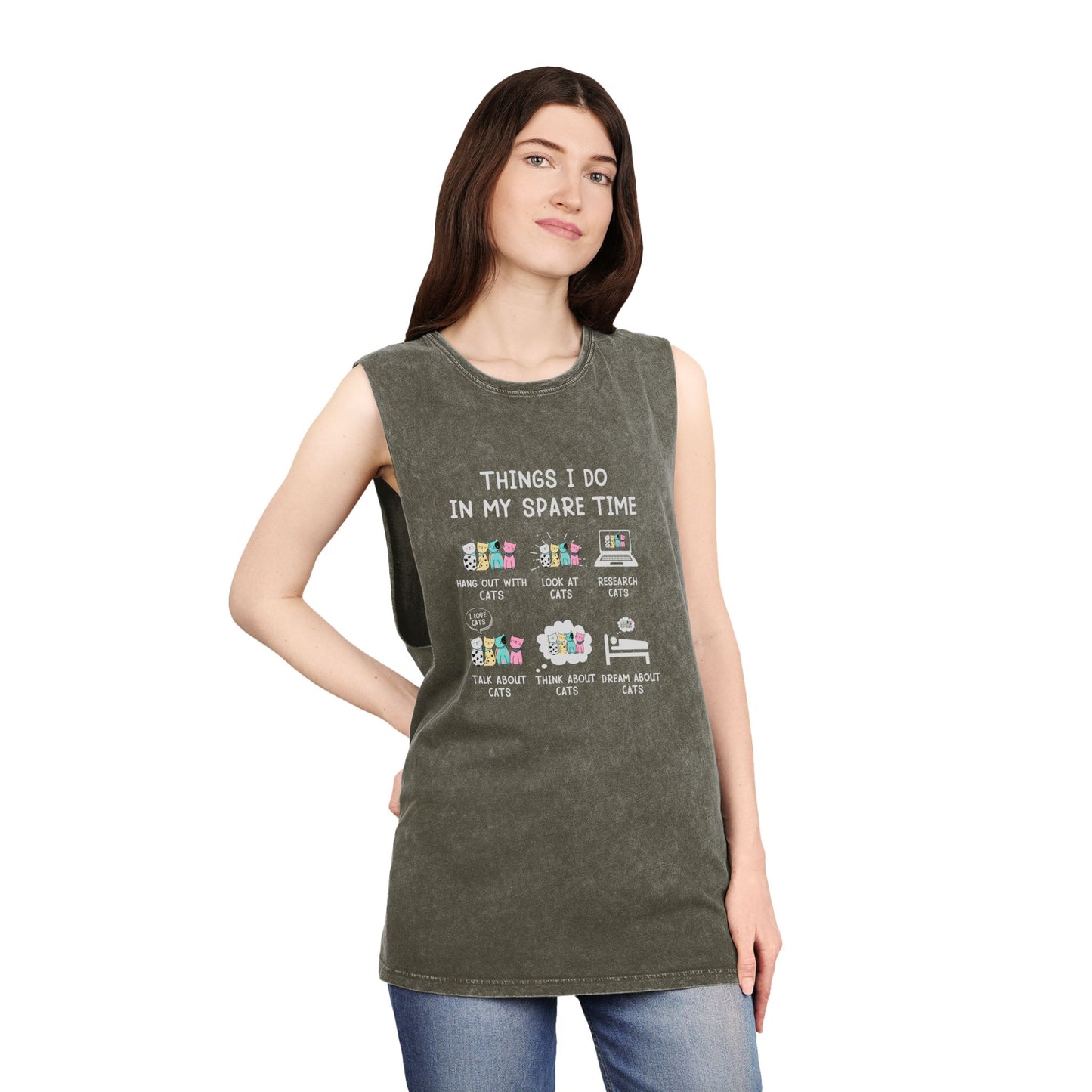 Cat Lover Graphic Tank Top — "Things I Do In My Spare Time" Stonewash Muscle Tee