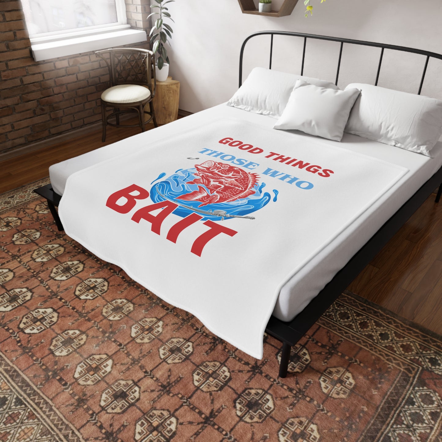 Plush Fleece Blanket — "Good Things Those Who Bait" Fishing Throw for Anglers