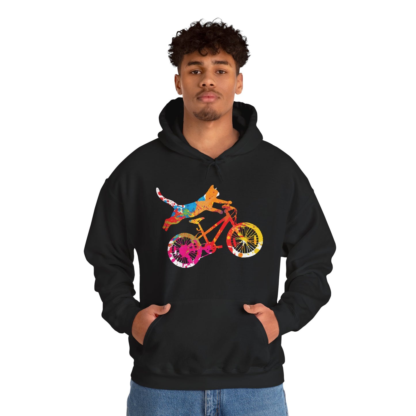 Cat on Bike Colorful Graphic Hoodie — Playful Bicycle Cat Art Sweatshirt