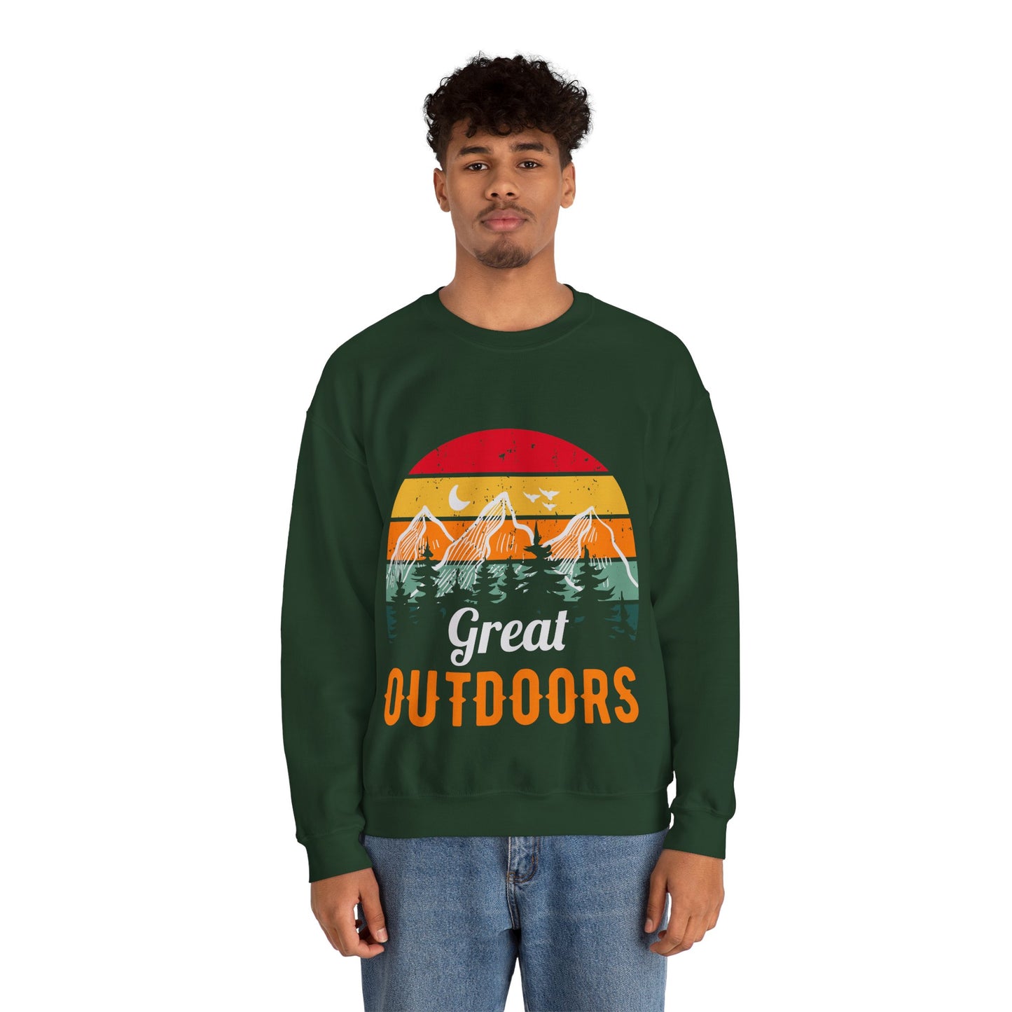 Great Outdoors Crewneck Sweatshirt — Vintage Sunset Camping Hoodie Alternative
