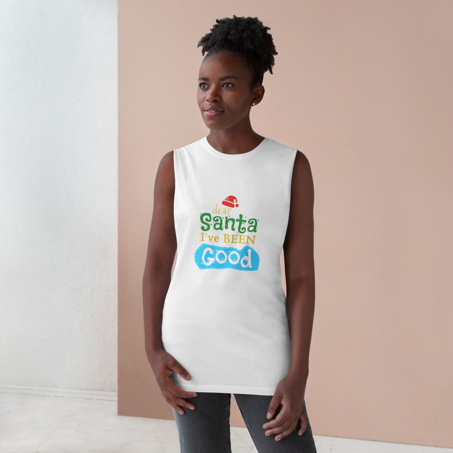 Christmas Tank Top — “Santa I’ve Been Good” Holiday Graphic Tank (Shimmy Cocoa Back)