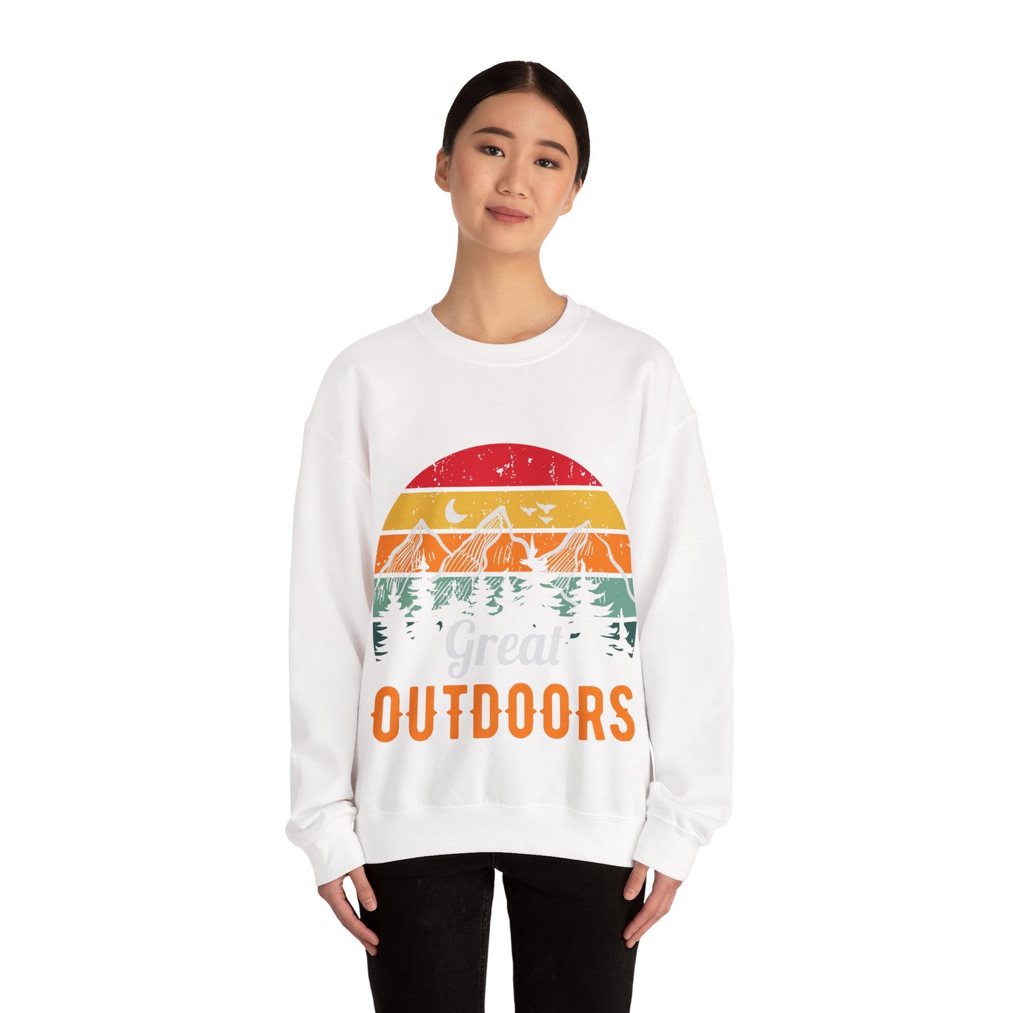Great Outdoors Crewneck Sweatshirt — Vintage Sunset Camping Hoodie Alternative