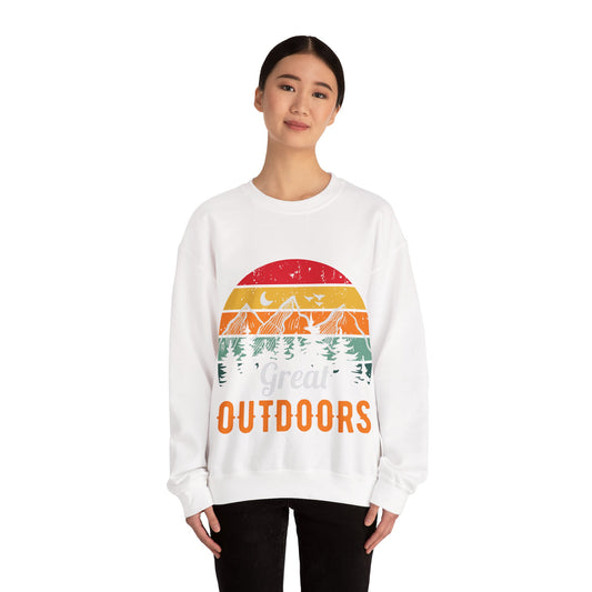 Great Outdoors Crewneck Sweatshirt — Vintage Sunset Camping Hoodie Alternative
