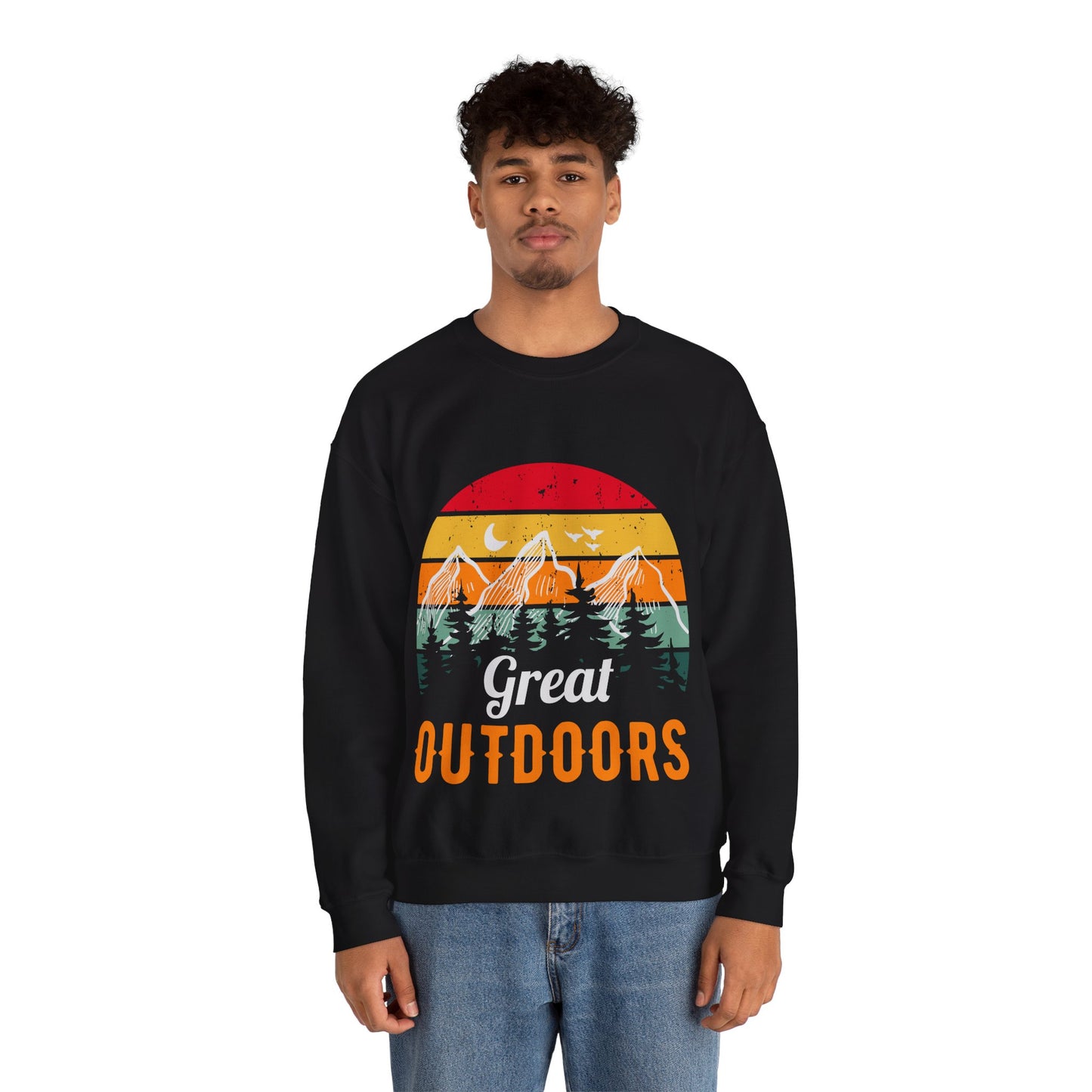 Great Outdoors Crewneck Sweatshirt — Vintage Sunset Camping Hoodie Alternative
