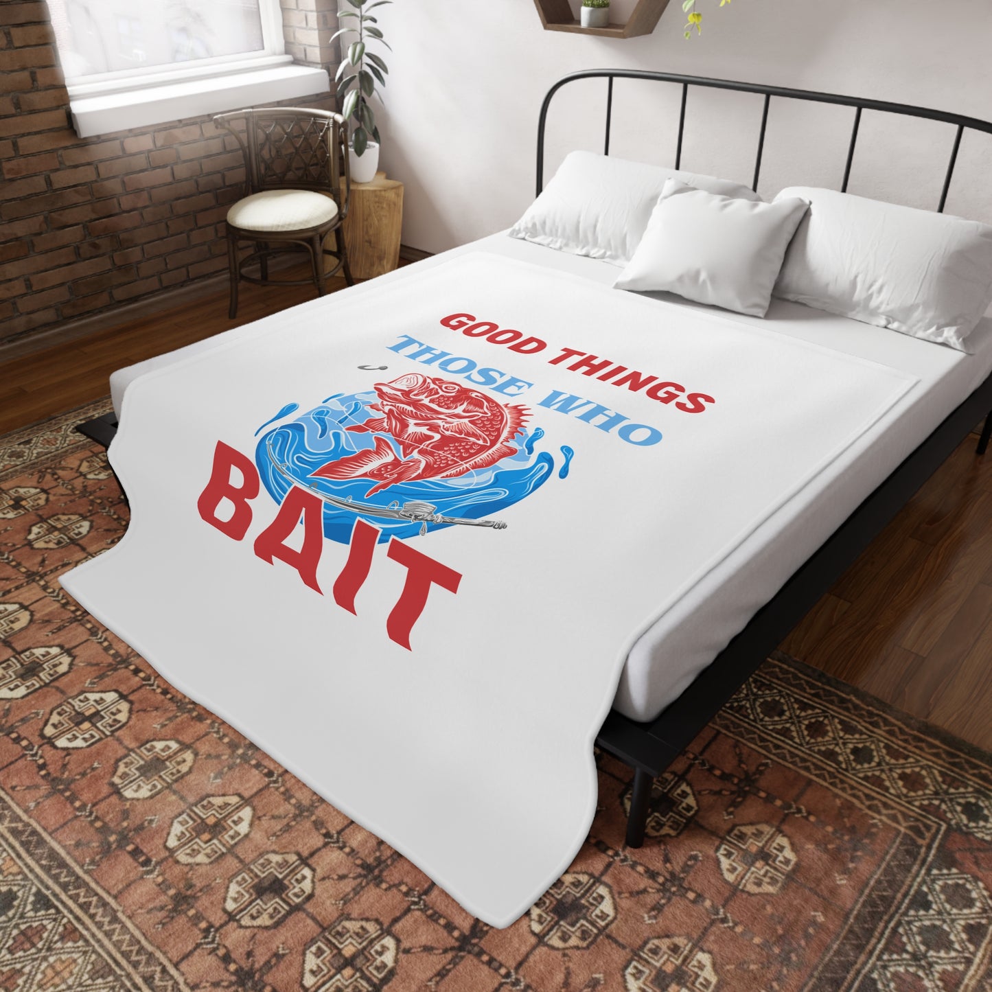 Plush Fleece Blanket — "Good Things Those Who Bait" Fishing Throw for Anglers