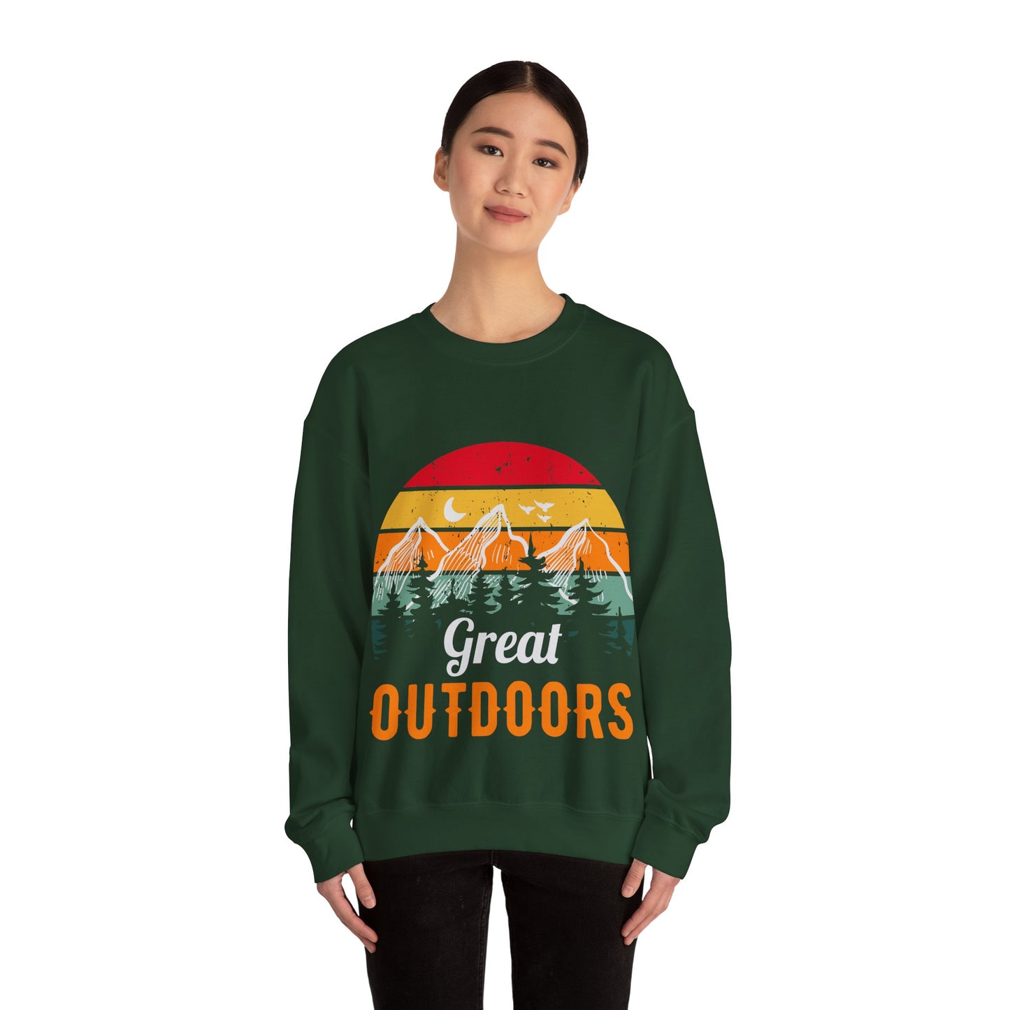 Great Outdoors Crewneck Sweatshirt — Vintage Sunset Camping Hoodie Alternative