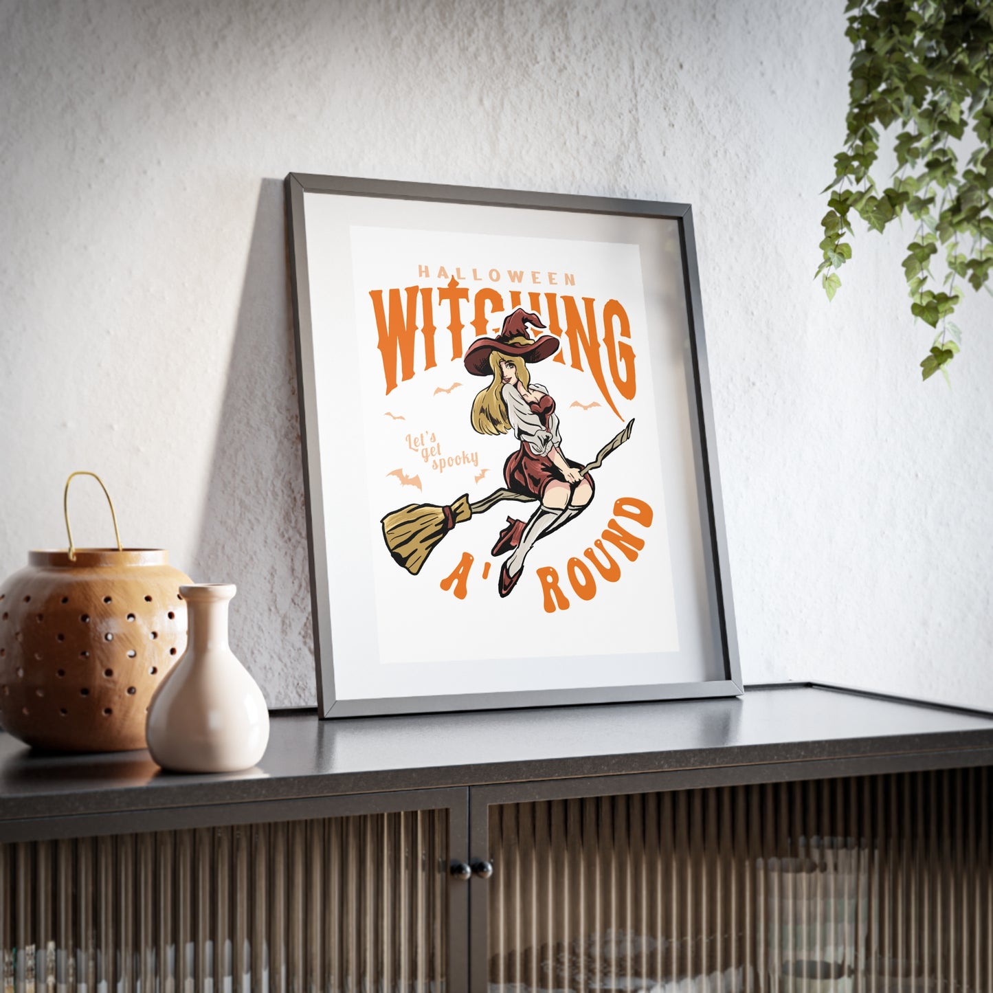 Halloween Witching Around Framed Poster — Vintage Witch on Broom Matte Print