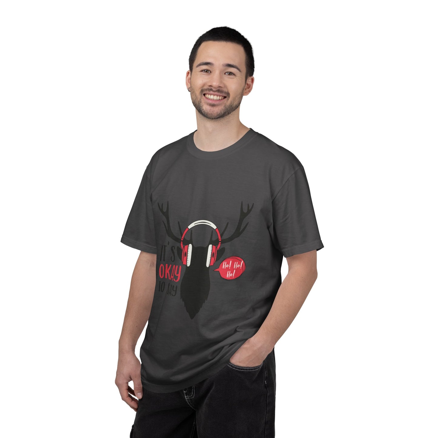 Reindeer Headphones Christmas T-Shirt – "It’s Okay to Say Ho! Ho! Ho!" Holiday Tee