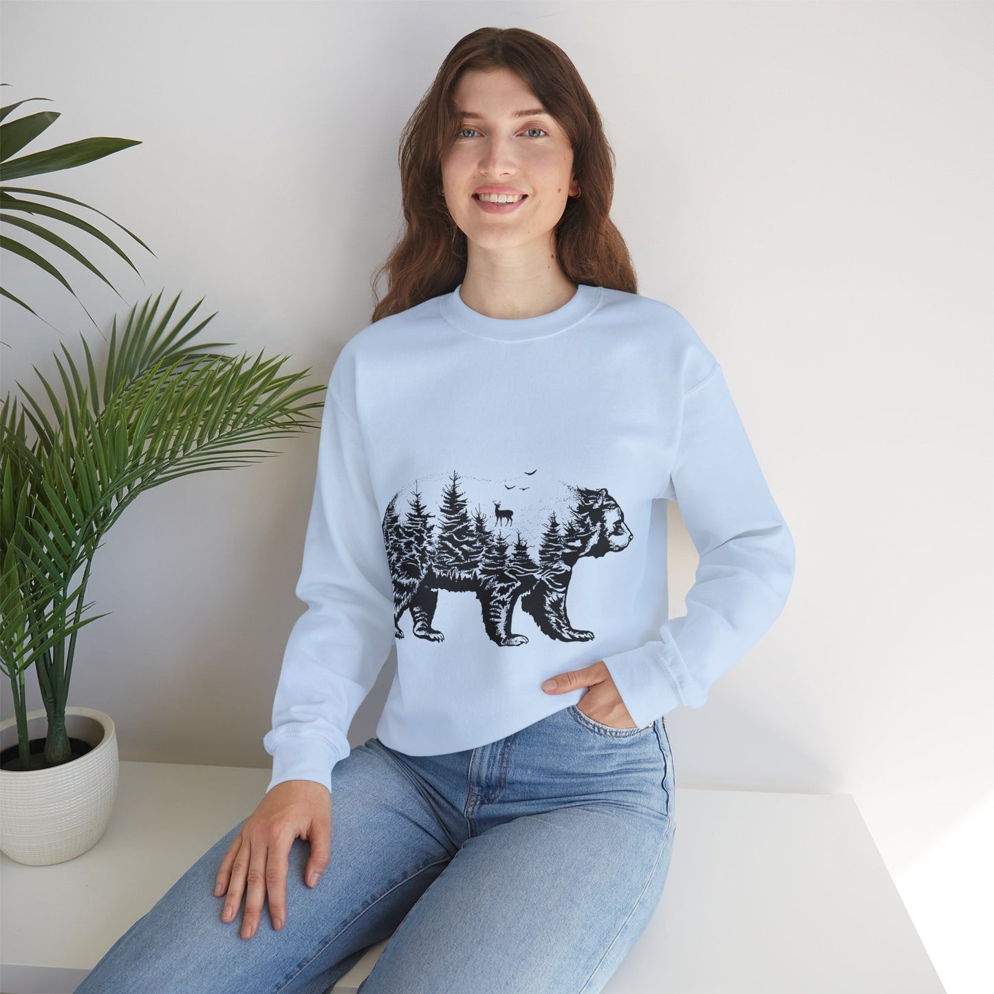 Bear Forest Crewneck Sweatshirt – Woodland Double Exposure Graphic