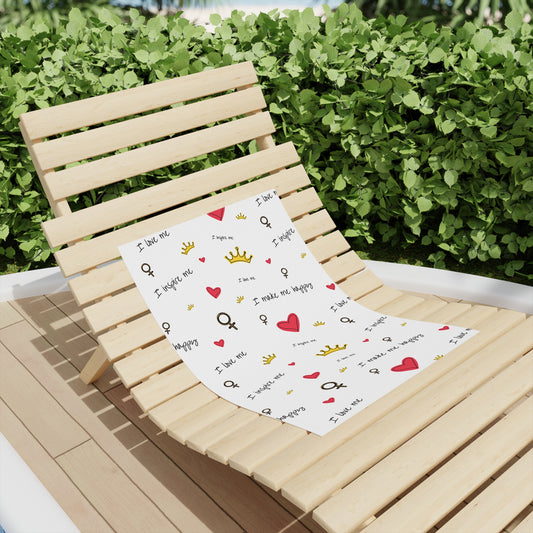 Beach Towel — Self Love Pattern with Hearts, Crowns & "I Love Me" Text