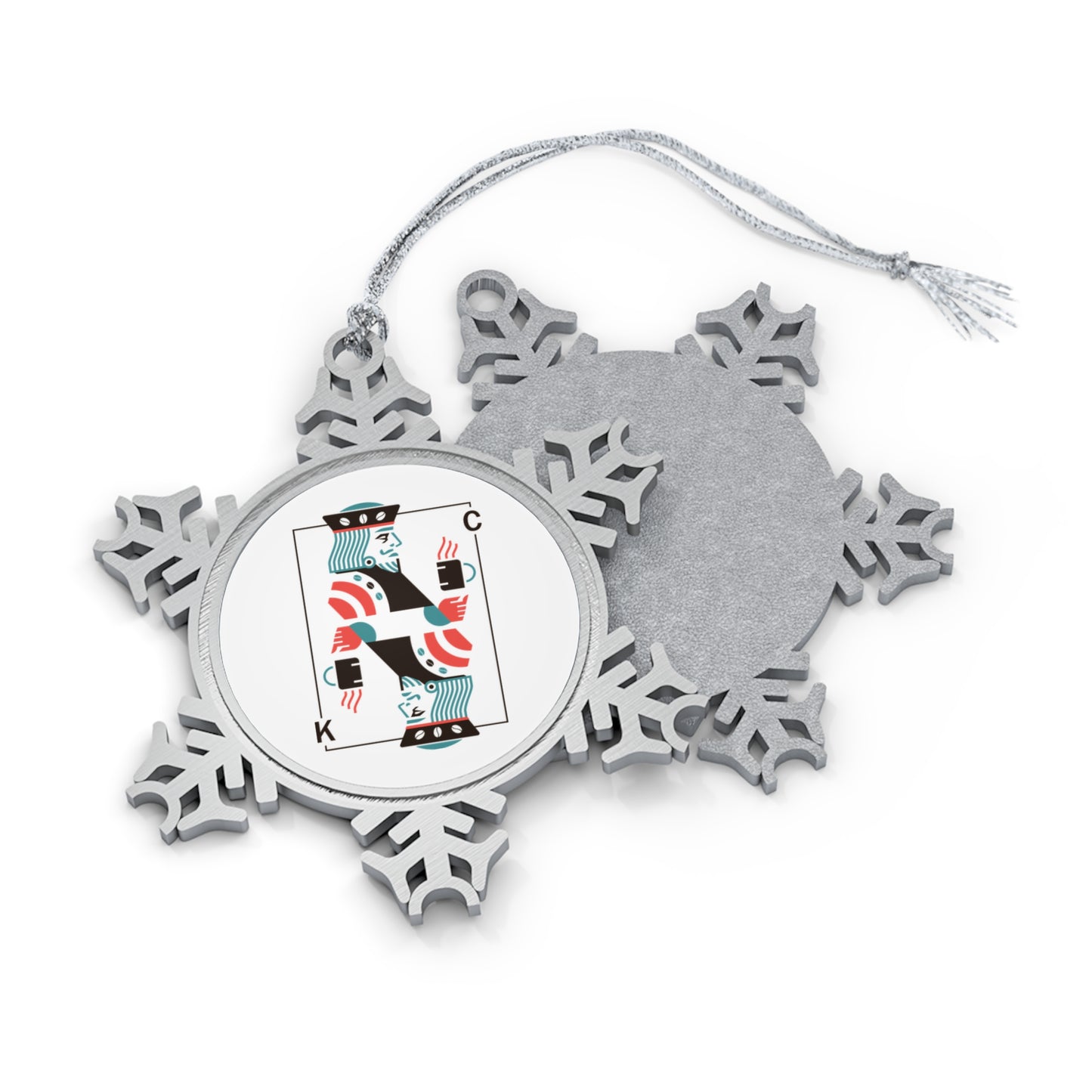 Pewter Snowflake Ornament with Vintage King of Clubs Playing Card Design