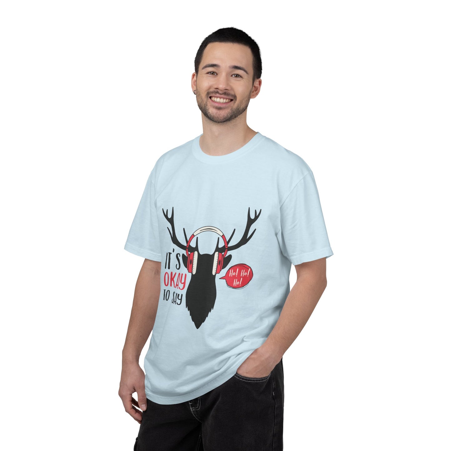 Reindeer Headphones Christmas T-Shirt – "It’s Okay to Say Ho! Ho! Ho!" Holiday Tee