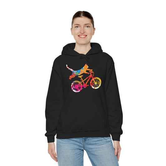Cat on Bike Colorful Graphic Hoodie — Playful Bicycle Cat Art Sweatshirt