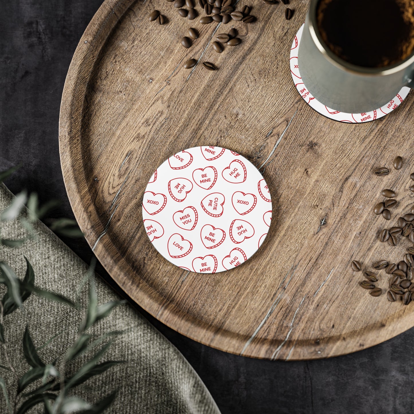 Valentine Conversation Heart Cork Coasters — Cute 'Be Mine' & 'XOXO' Drink Coasters (Set)