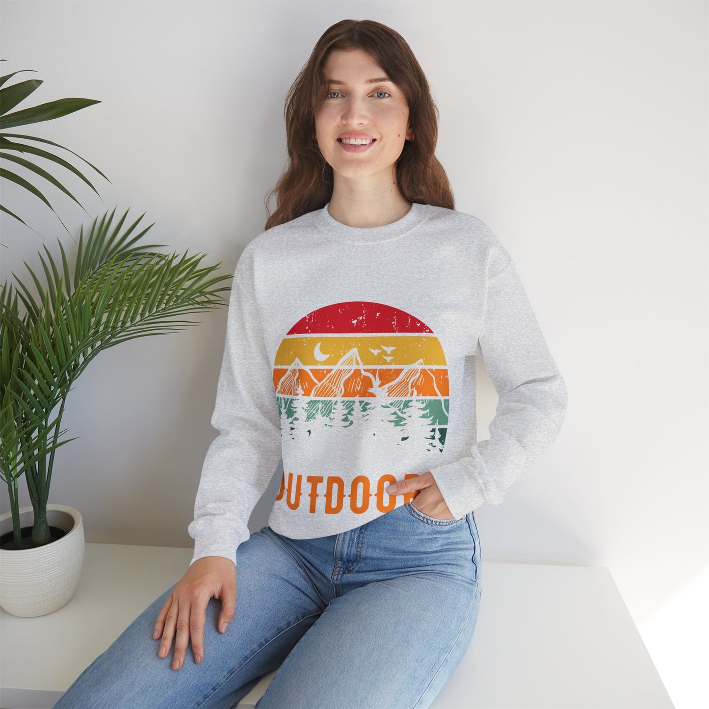 Great Outdoors Crewneck Sweatshirt — Vintage Sunset Camping Hoodie Alternative
