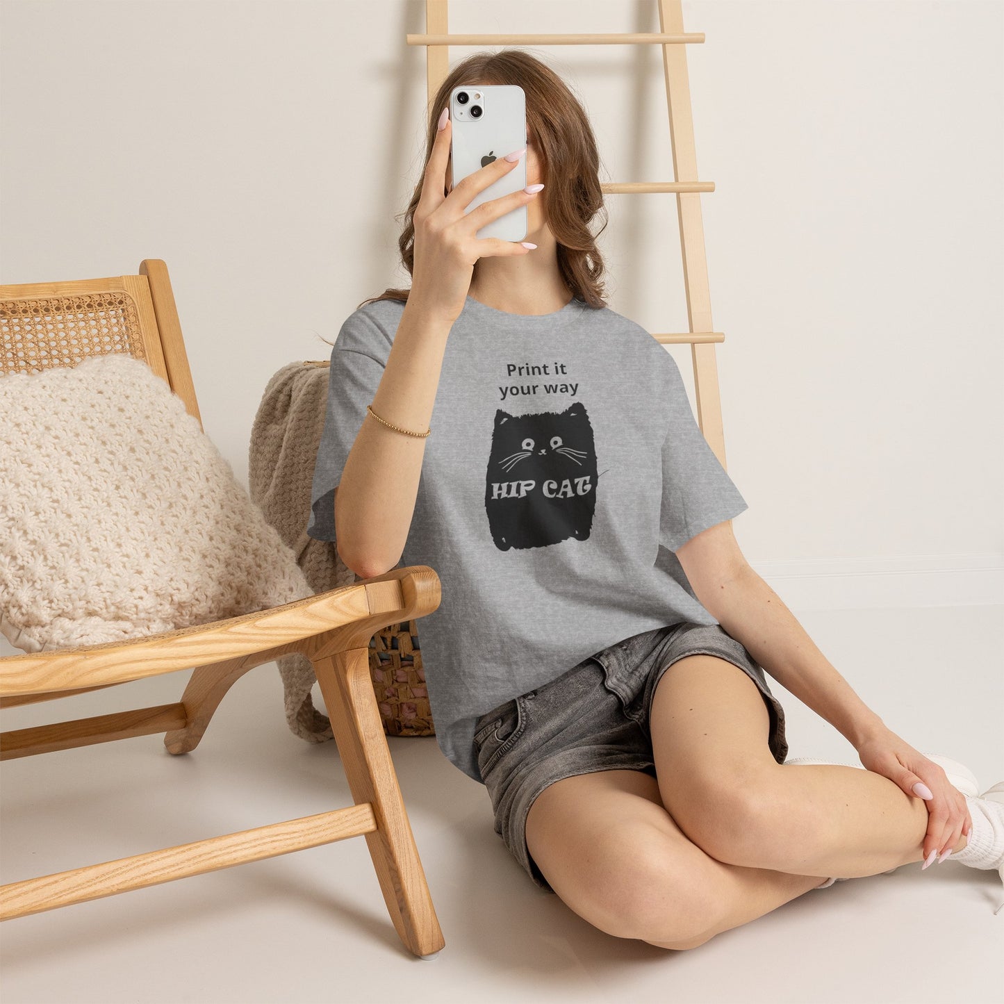 Hip Cat T-Shirt — Cute Black Cat Graphic Tee with “Print it your way” Slogan