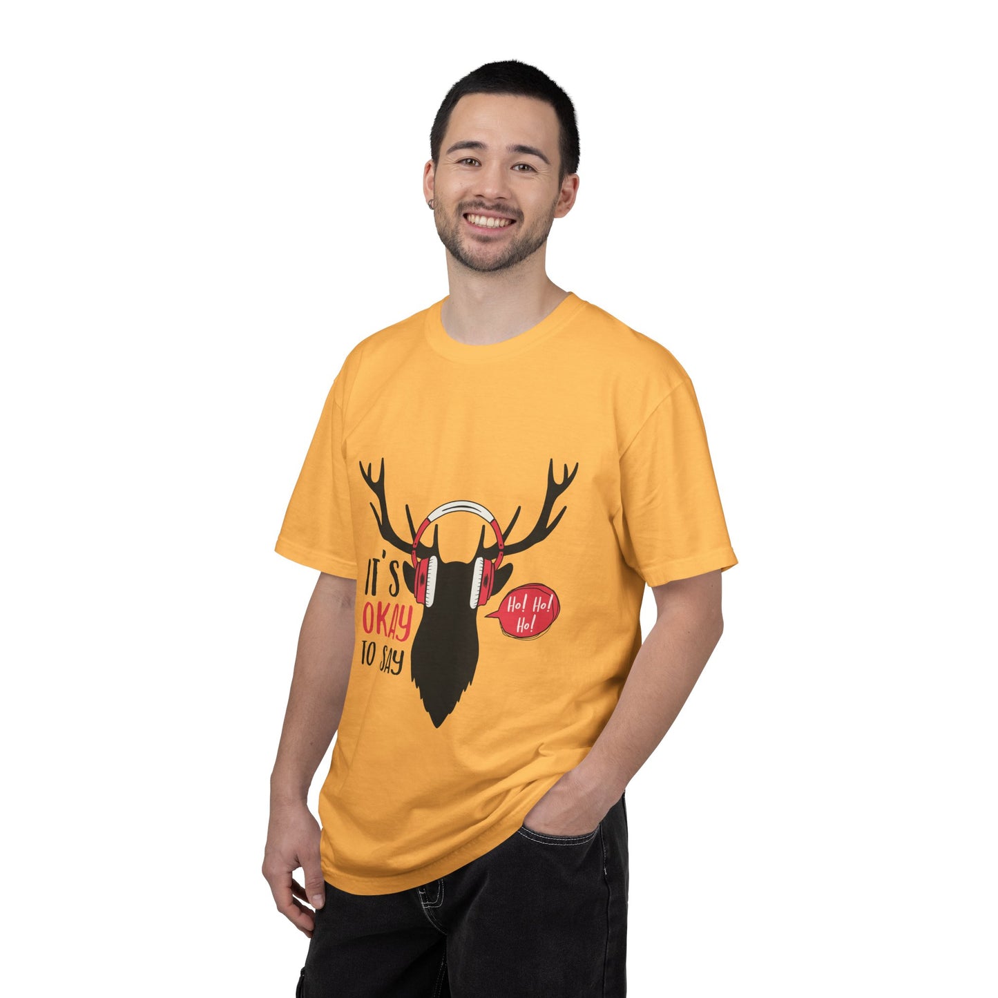 Reindeer Headphones Christmas T-Shirt – "It’s Okay to Say Ho! Ho! Ho!" Holiday Tee