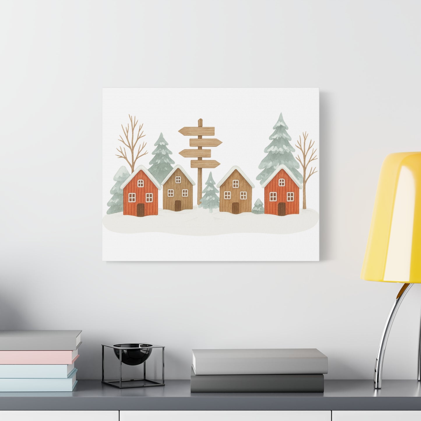 Winter Village Canvas Wall Art - Cozy Rustic Cabin Scene