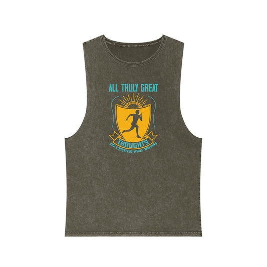 Gym Tank Top — “Heavy Weights and Protein Shakes” Stonewash Sleeveless Top