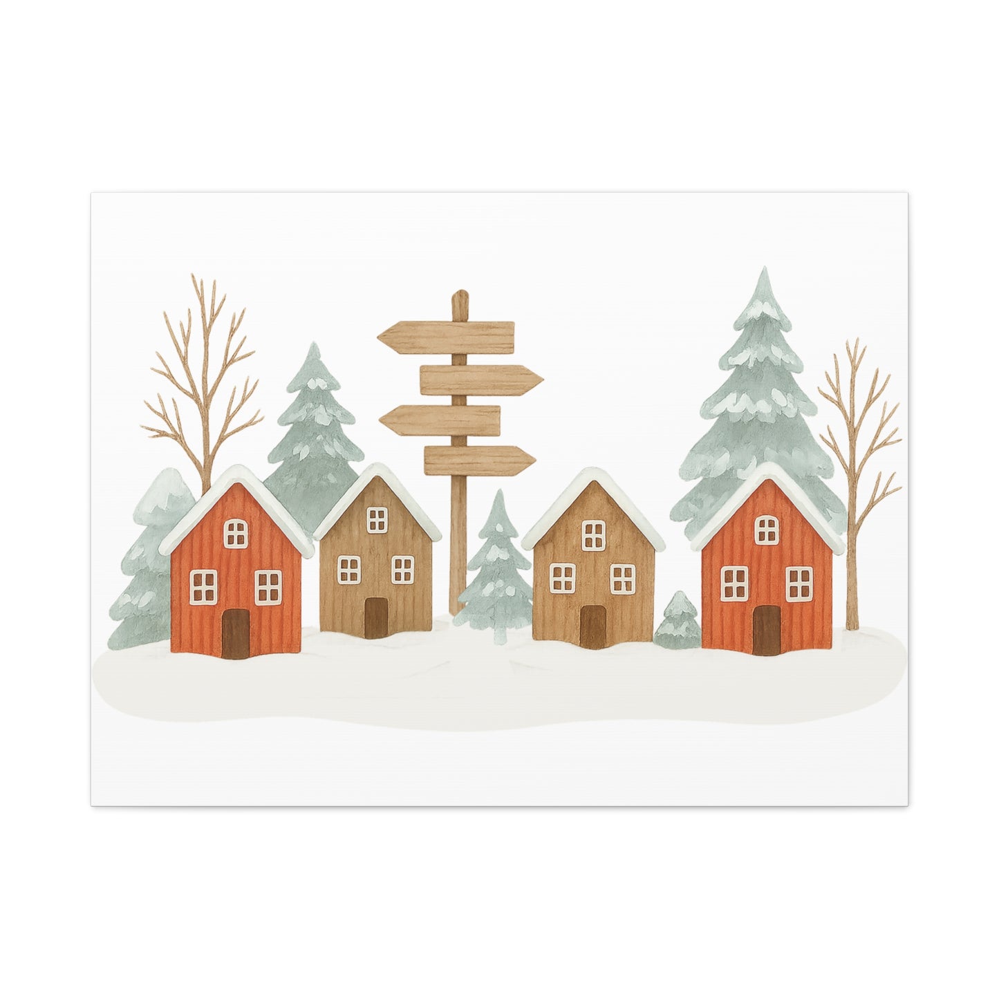 Winter Village Canvas Wall Art - Cozy Rustic Cabin Scene