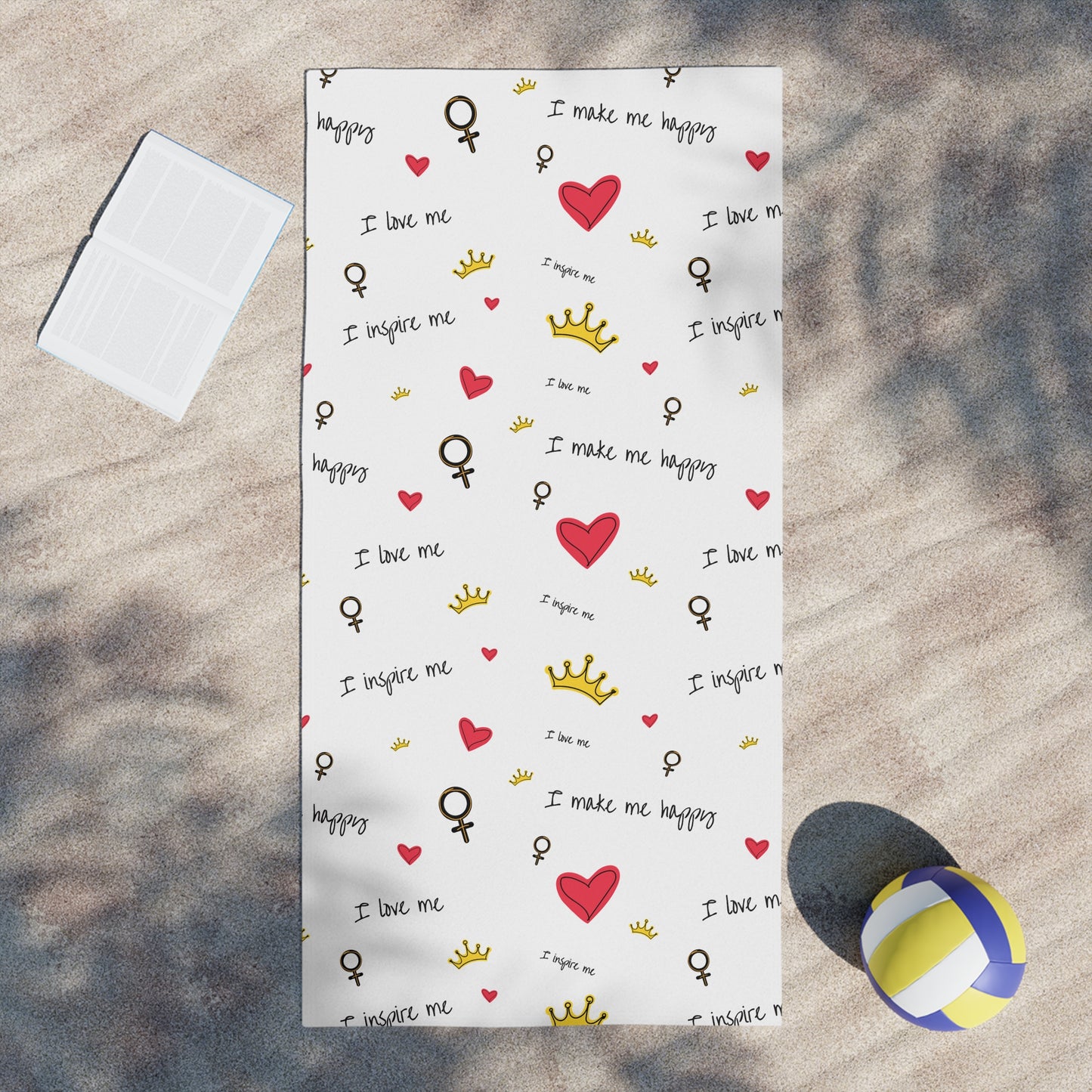 Beach Towel — Self Love Pattern with Hearts, Crowns & "I Love Me" Text