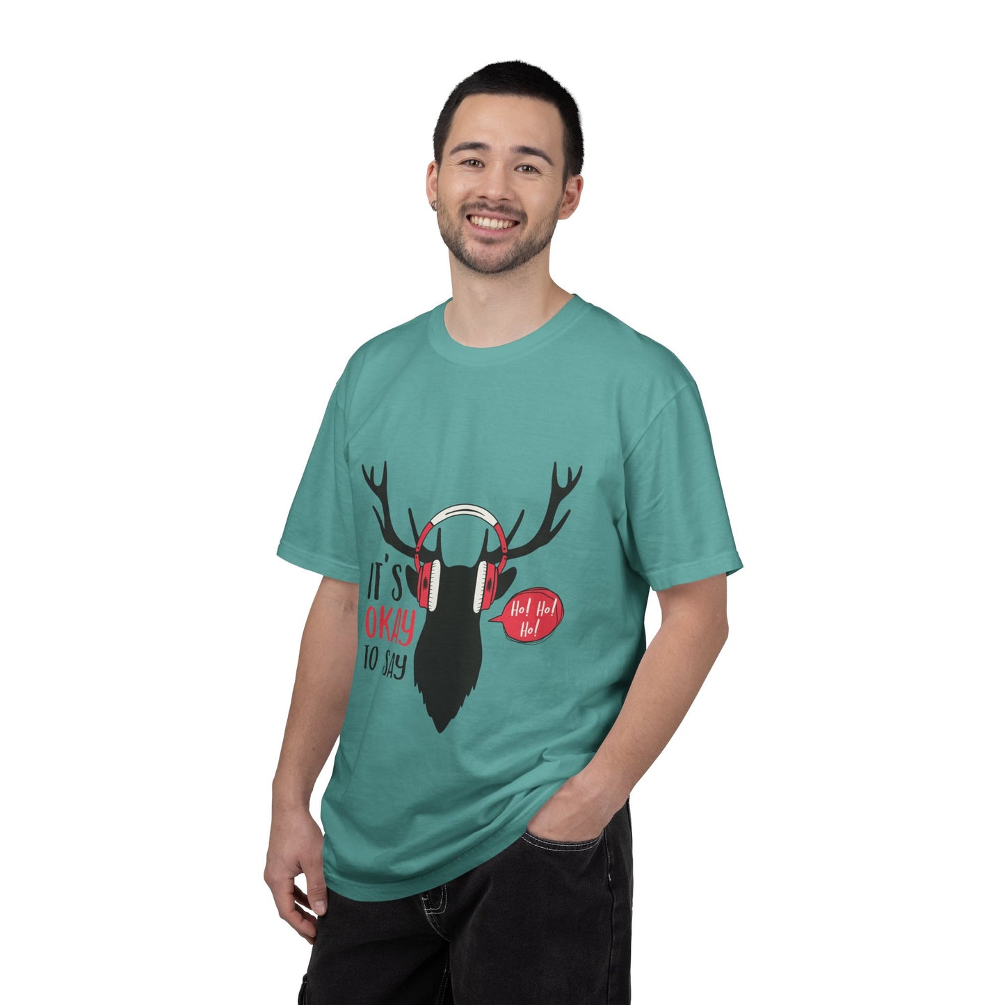 Reindeer Headphones Christmas T-Shirt – "It’s Okay to Say Ho! Ho! Ho!" Holiday Tee