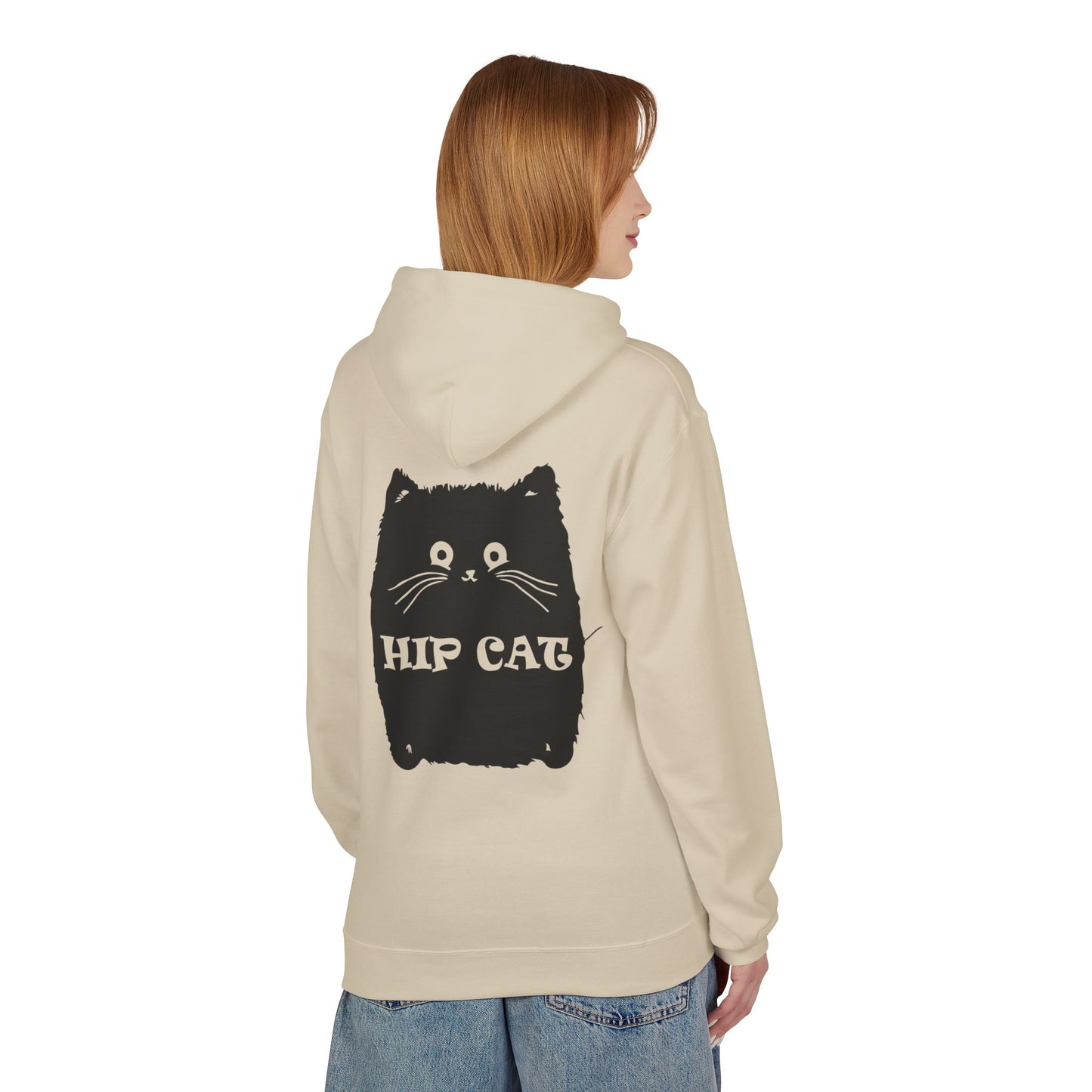 Hip Cat Graphic Hoodie — Cute Retro Cat Illustration "Hip Cat" Back Print