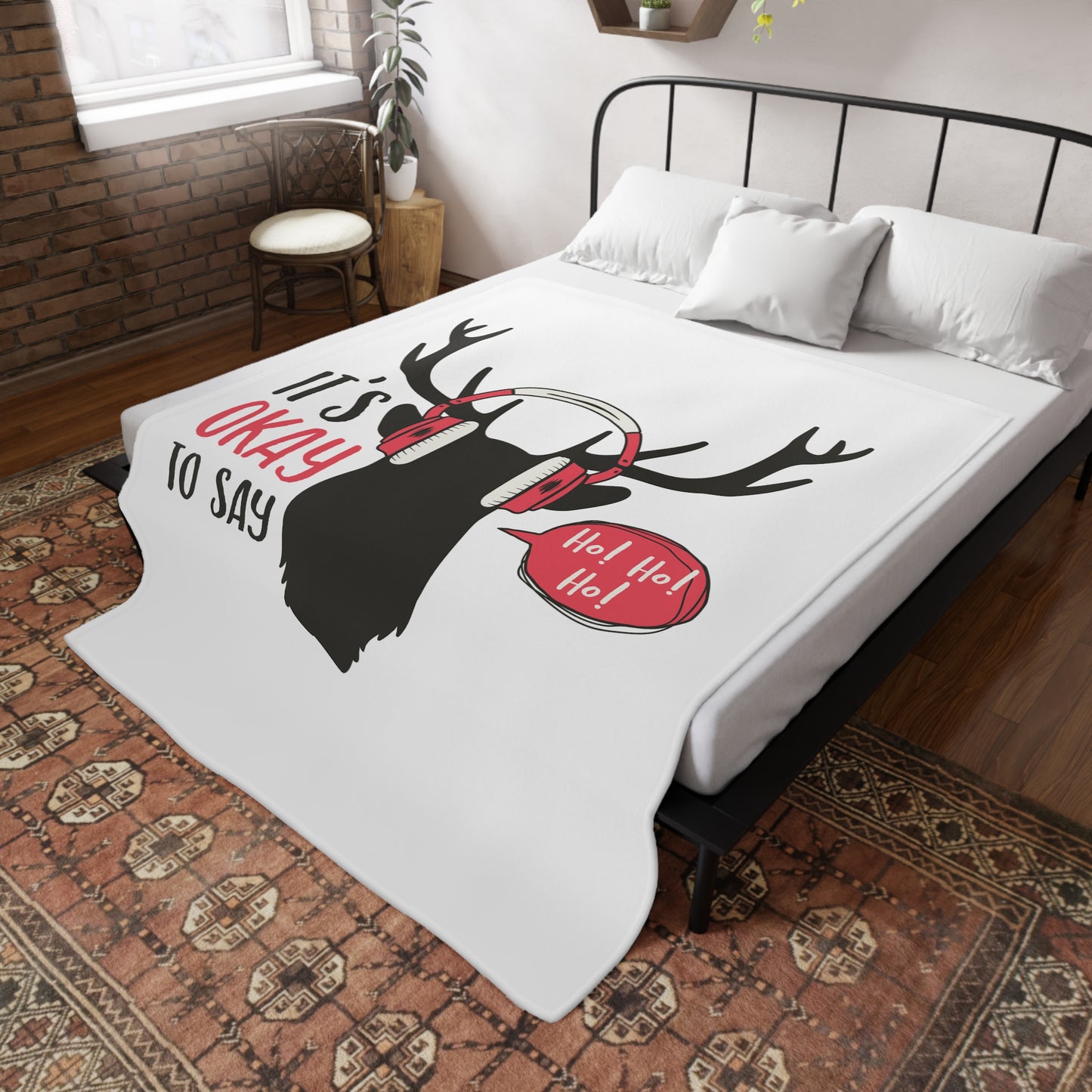 Christmas Reindeer Headphones Plush Fleece Blanket — "It's Okay to Say" Holiday Cozy Throw