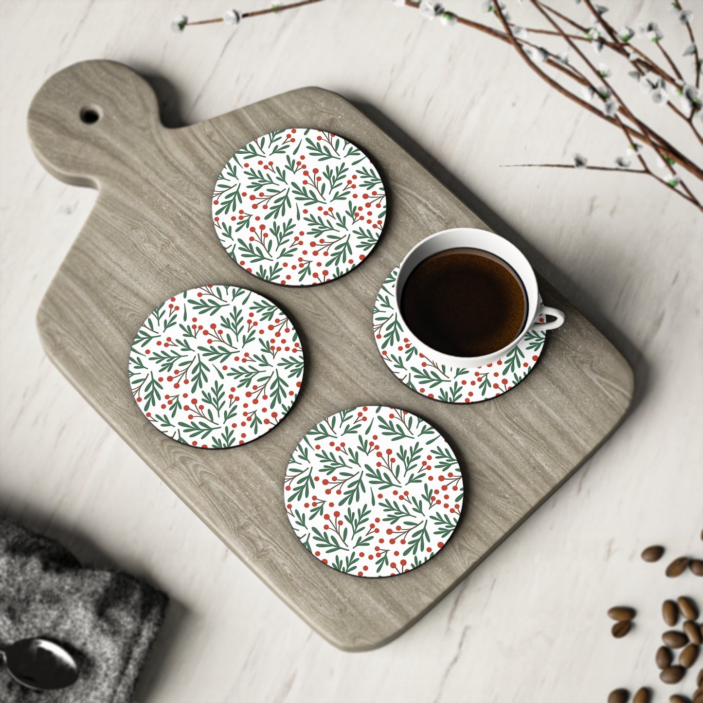 Holiday Berry Floral Coasters — Round Cork Drink Coasters (Set)