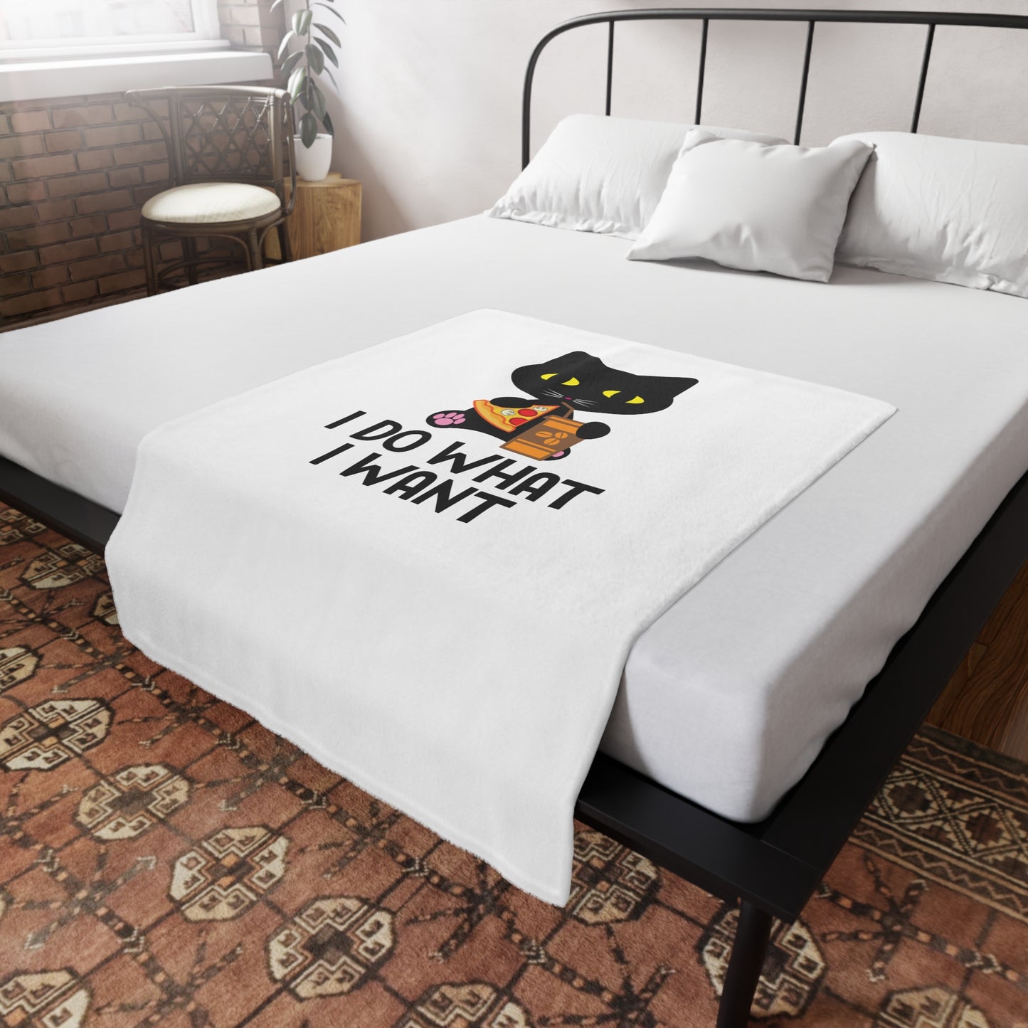I Do What I Want Cat Plush Fleece Blanket — Cute Black Cat with Pizza & Snacks