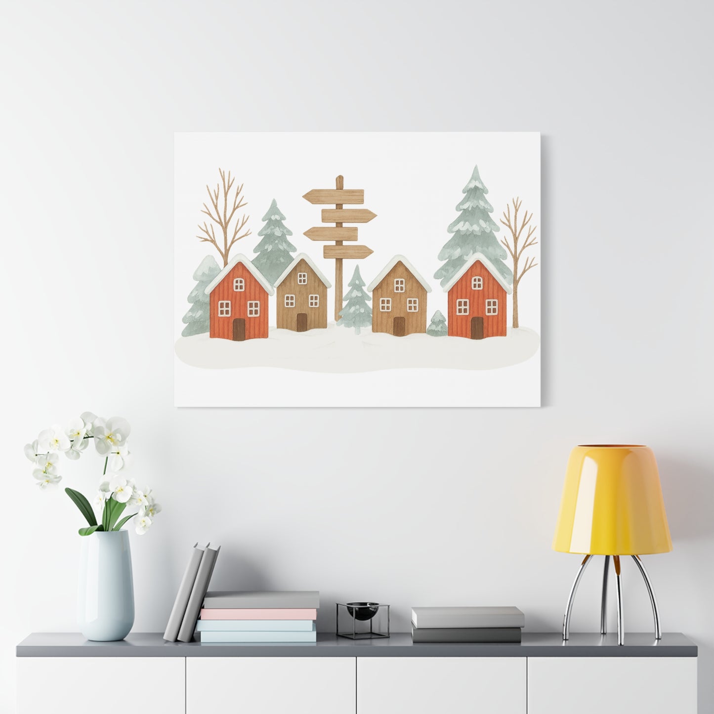 Winter Village Canvas Wall Art - Cozy Rustic Cabin Scene