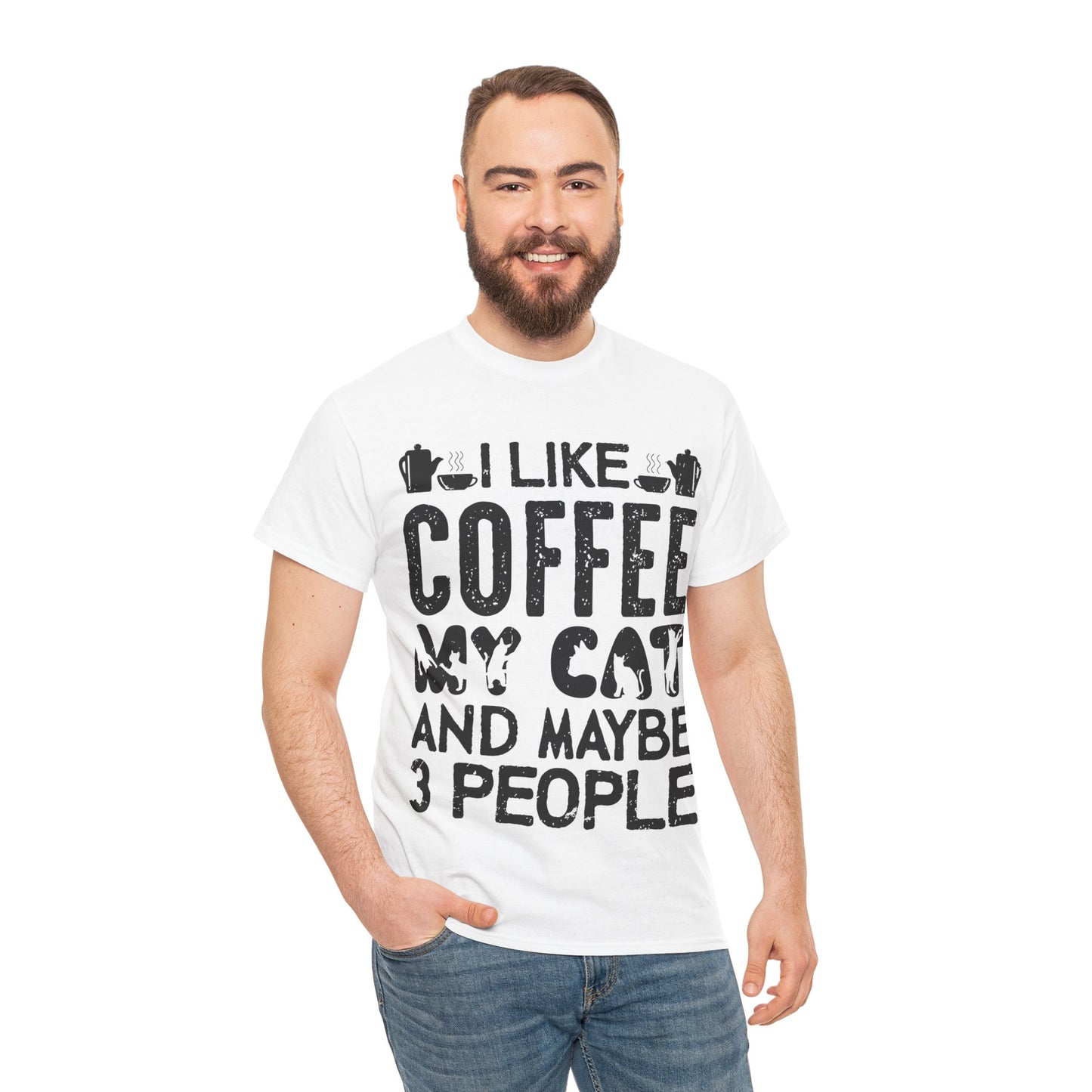 Coffee & Cat Tee — "I Like Coffee, My Cat, And Maybe 3 People" Funny Cat Lover Shirt