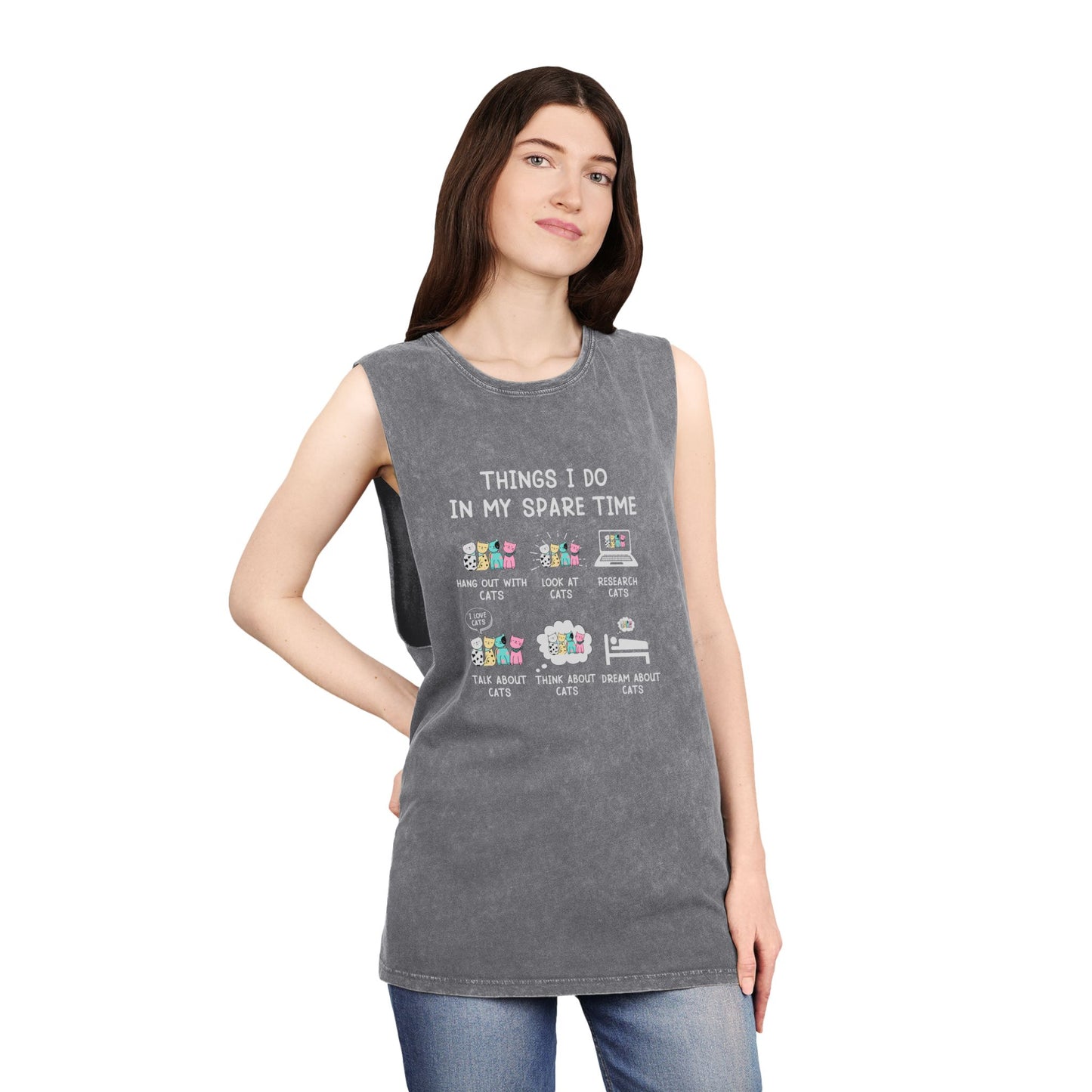 Cat Lover Graphic Tank Top — "Things I Do In My Spare Time" Stonewash Muscle Tee