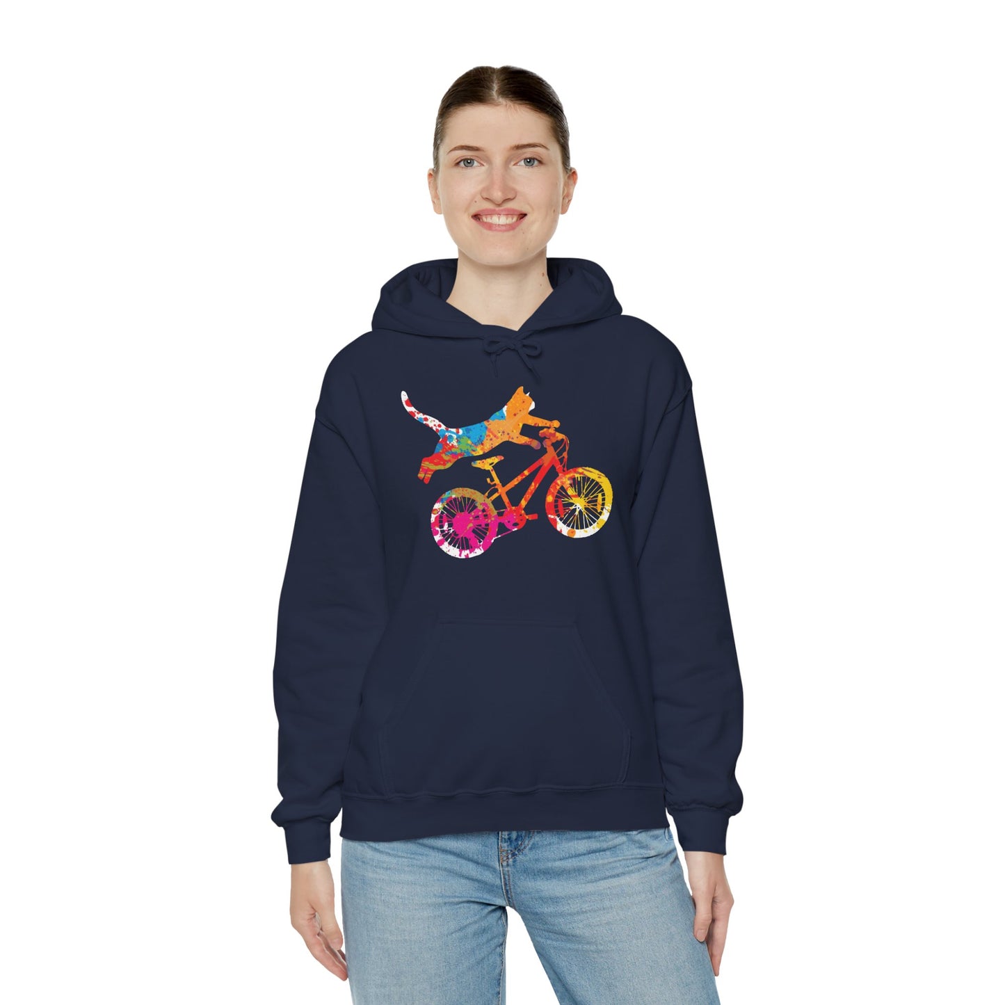 Cat on Bike Colorful Graphic Hoodie — Playful Bicycle Cat Art Sweatshirt