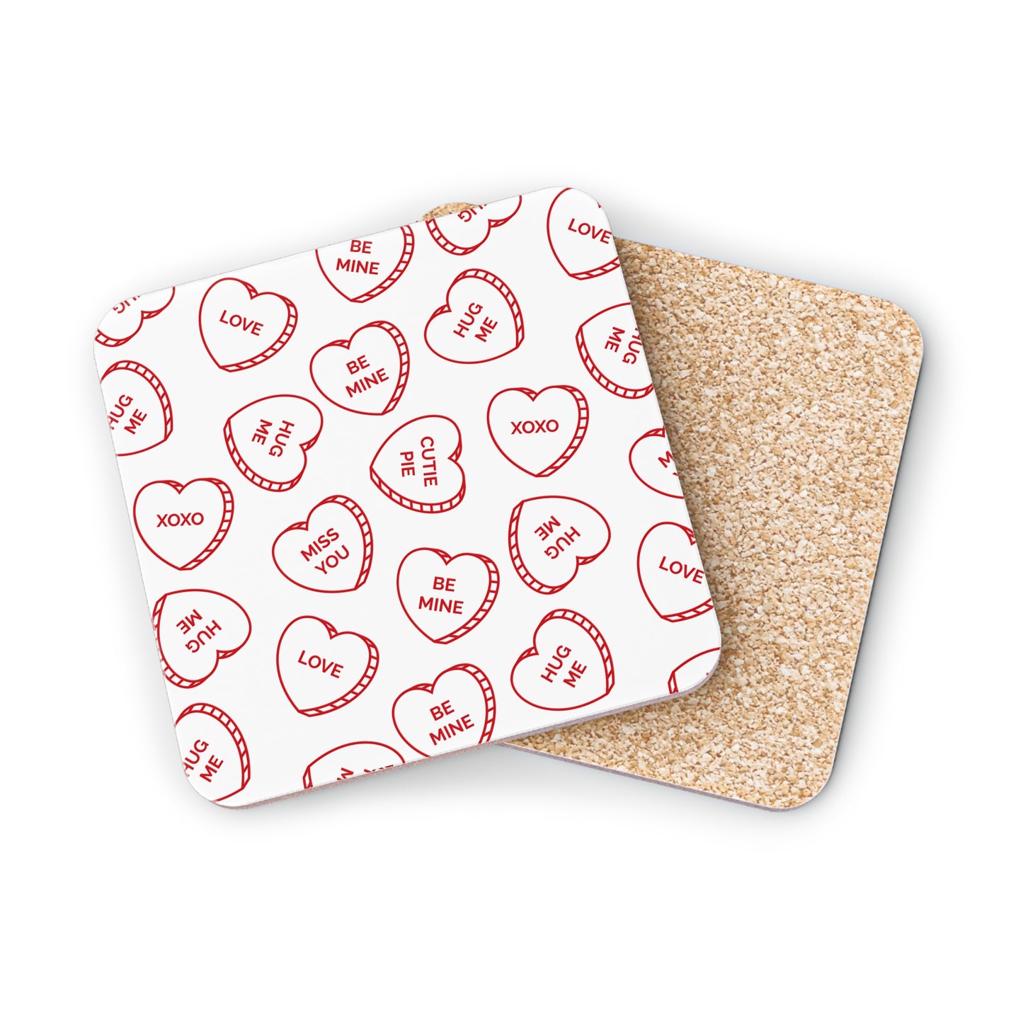Valentine Conversation Heart Cork Coasters — Cute 'Be Mine' & 'XOXO' Drink Coasters (Set)